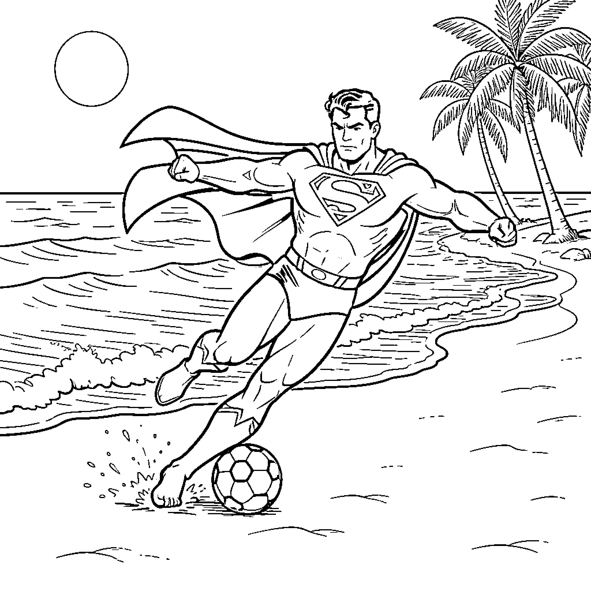Superman playing soccer on a tropical beach Coloring Page (free black-and-white line drawing printable PDF for all, from beginners to advanced learners, including children, teens, adults, and seniors)