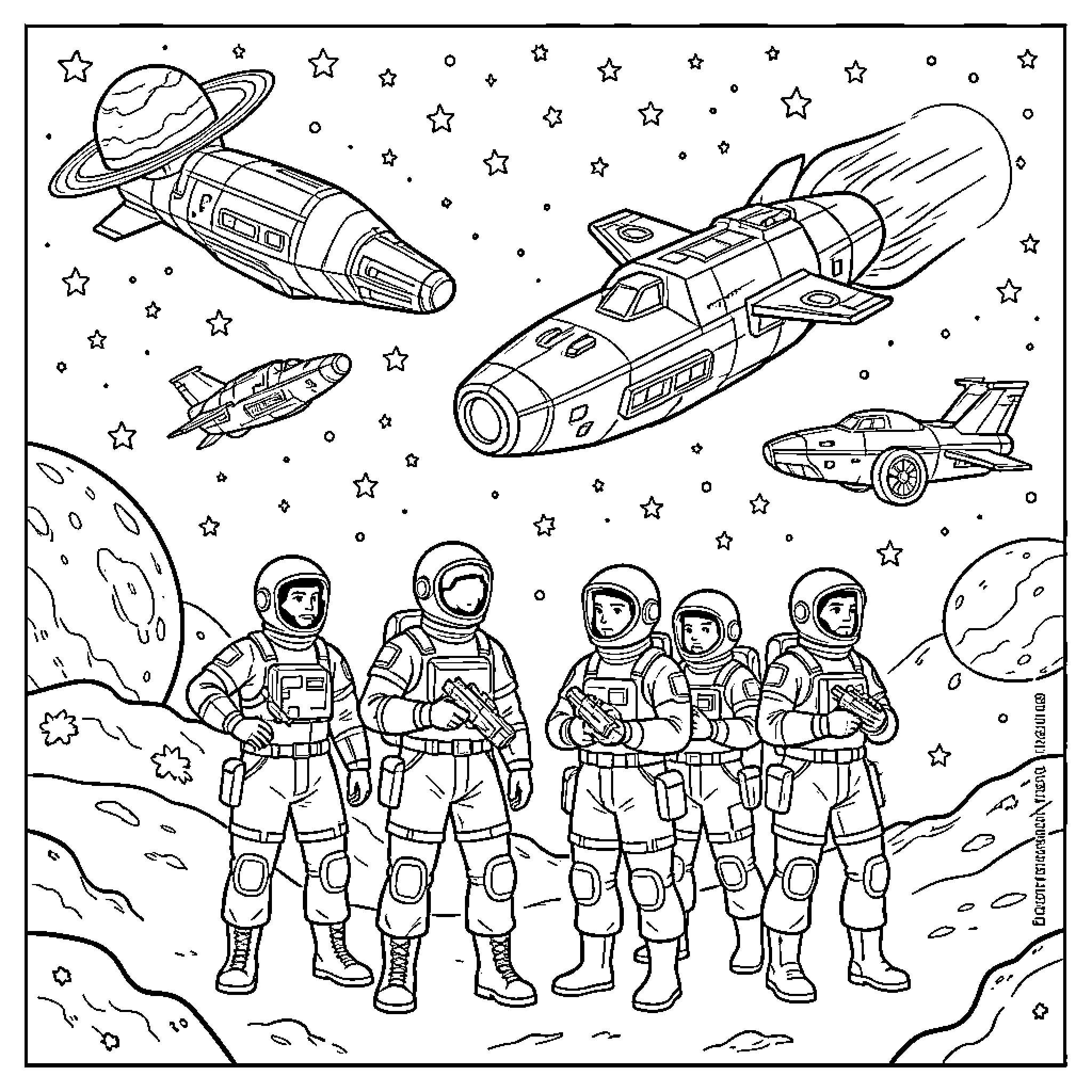 Patrouille d'astronautes explorant l'espace avec des vaisseaux Coloring Page (free black-and-white line drawing printable PDF for all, from beginners to advanced learners, including children, teens, adults, and seniors)