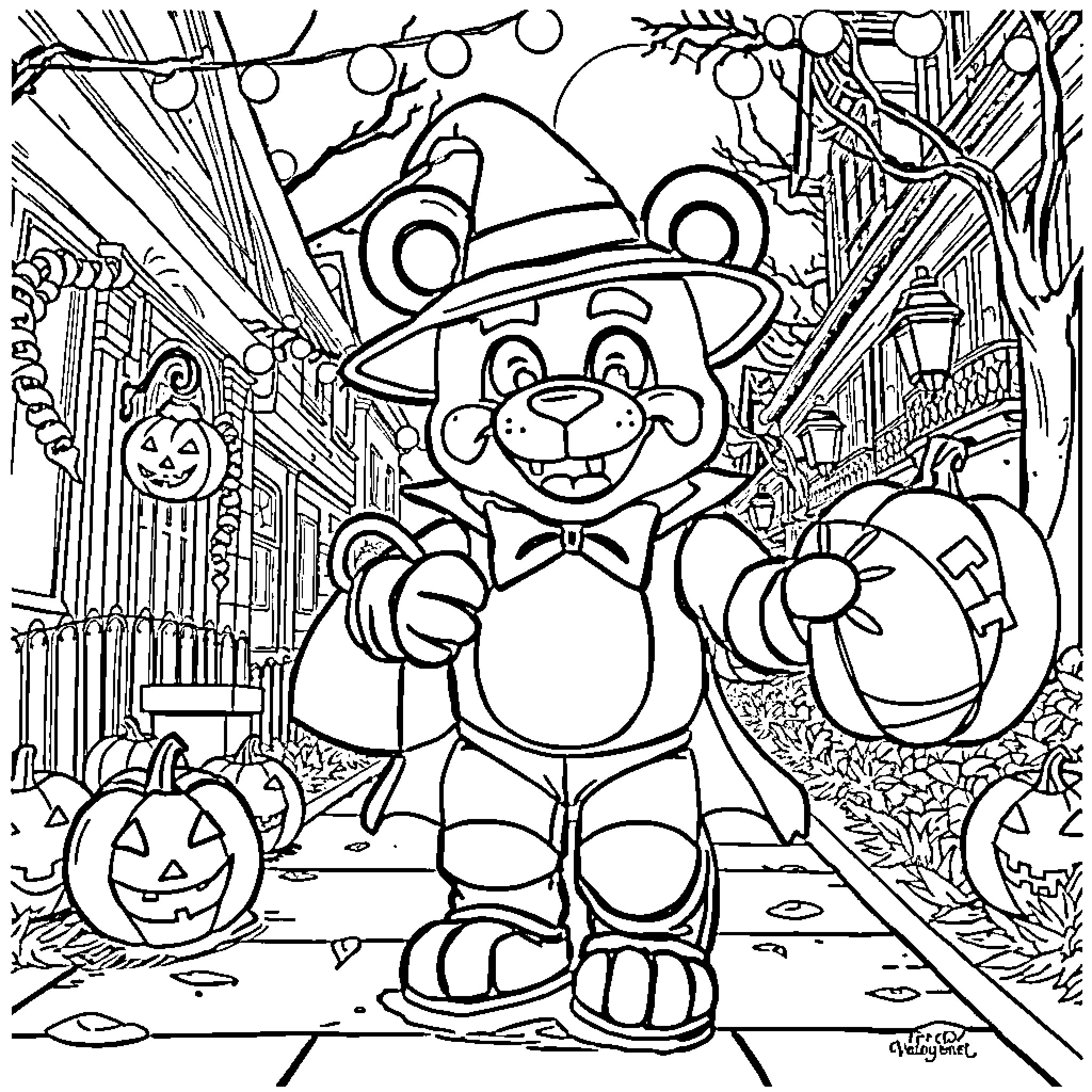 Freddy Fazbear's Halloween Celebration Coloring Page (free black-and-white line drawing printable PDF for all, from beginners to advanced learners, including children, teens, adults, and seniors)