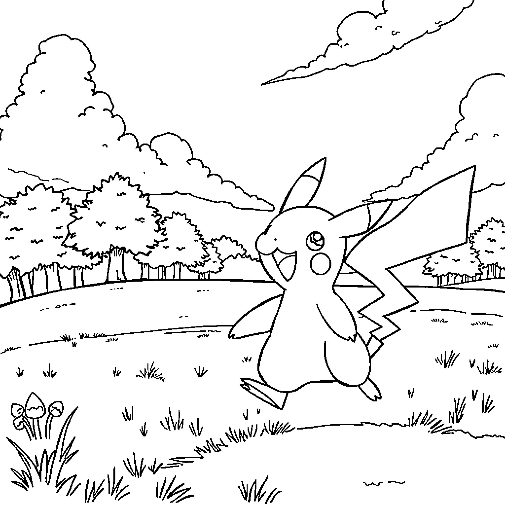 Pokémon character in a natural outdoor scene Coloring Page (free black-and-white line drawing printable PDF for all, from beginners to advanced learners, including children, teens, adults, and seniors)