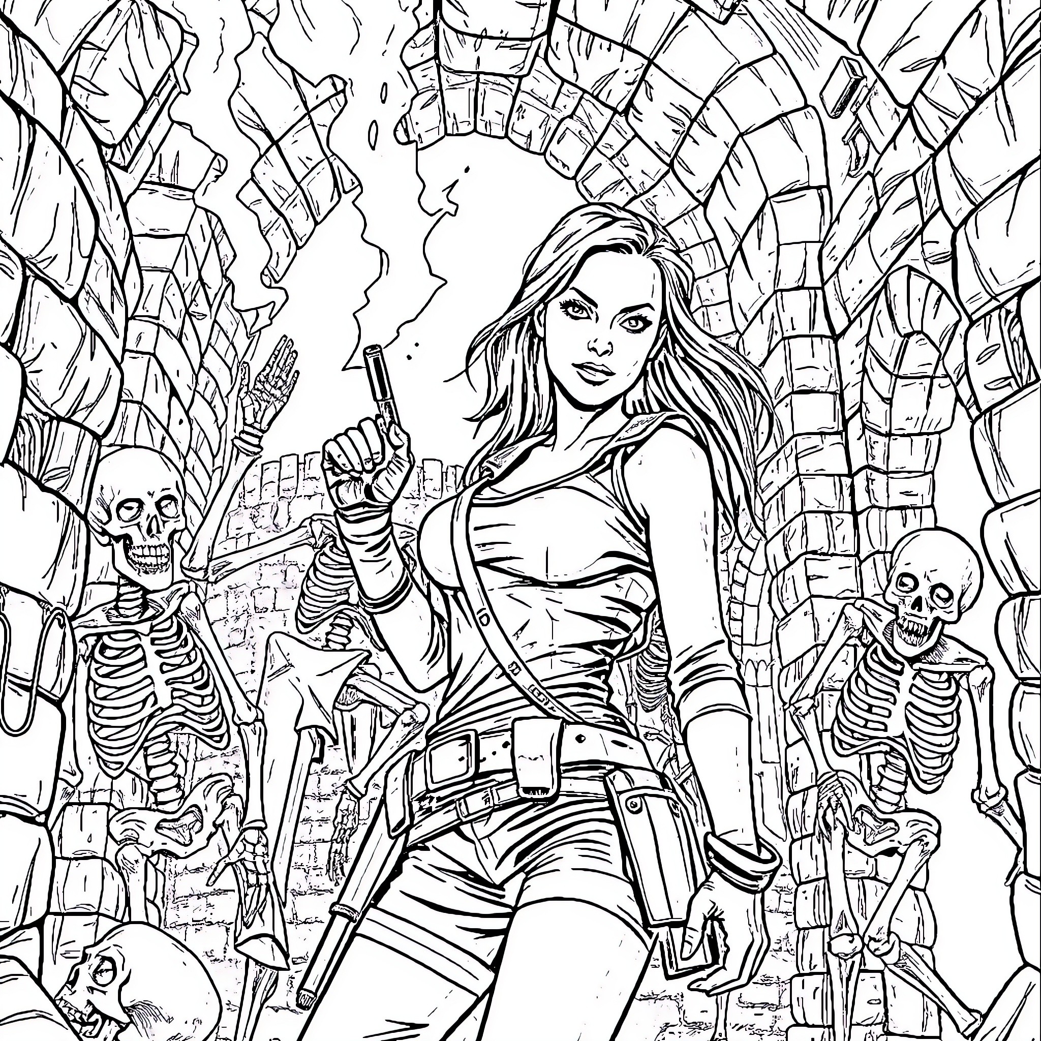 Angelina Jolie as a fierce action heroine Coloring Page (free black-and-white line drawing printable PDF for all, from beginners to advanced learners, including children, teens, adults, and seniors)