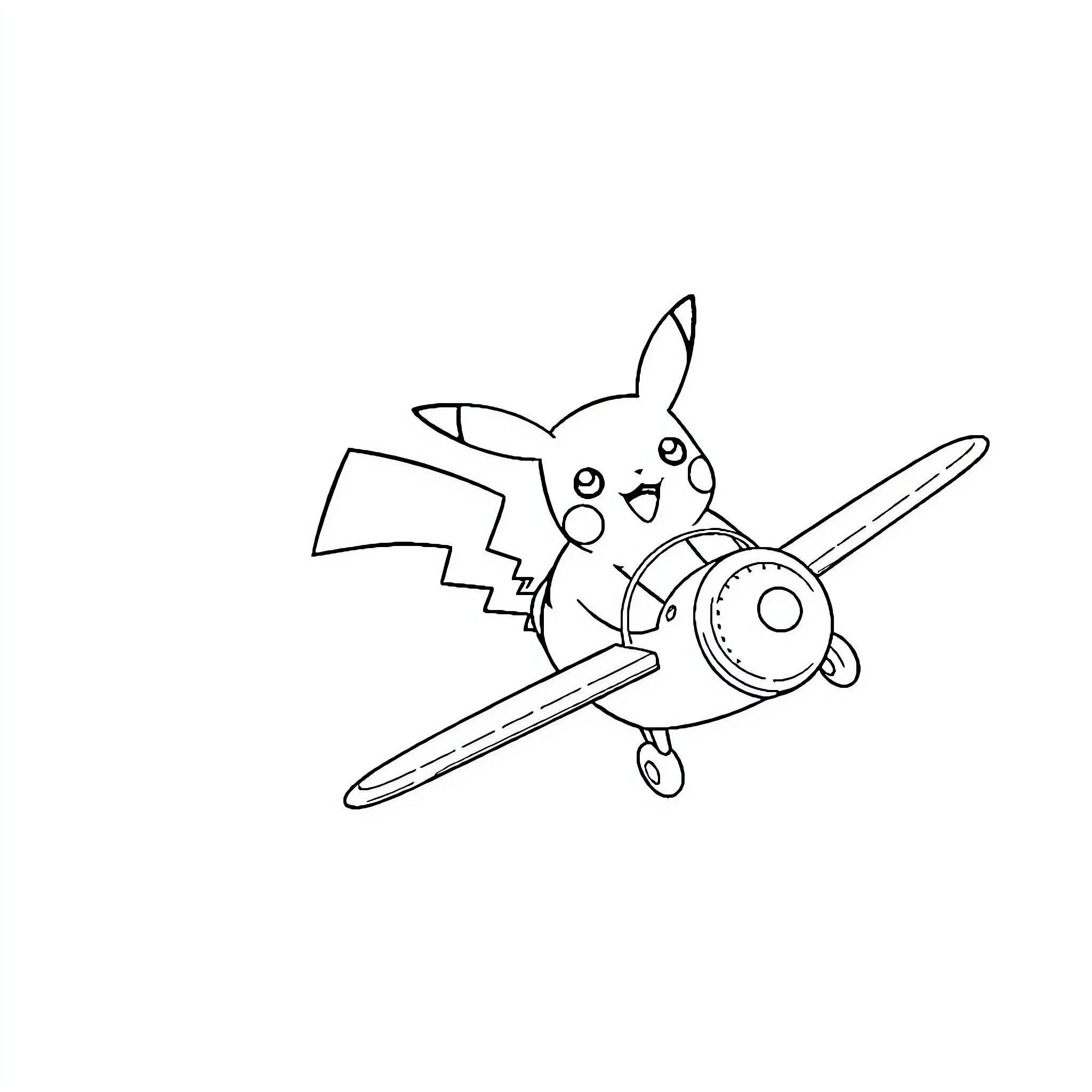 Pikachu happily flying in a small airplane Coloring Page (free black-and-white line drawing printable PDF for all, from beginners to advanced learners, including children, teens, adults, and seniors)