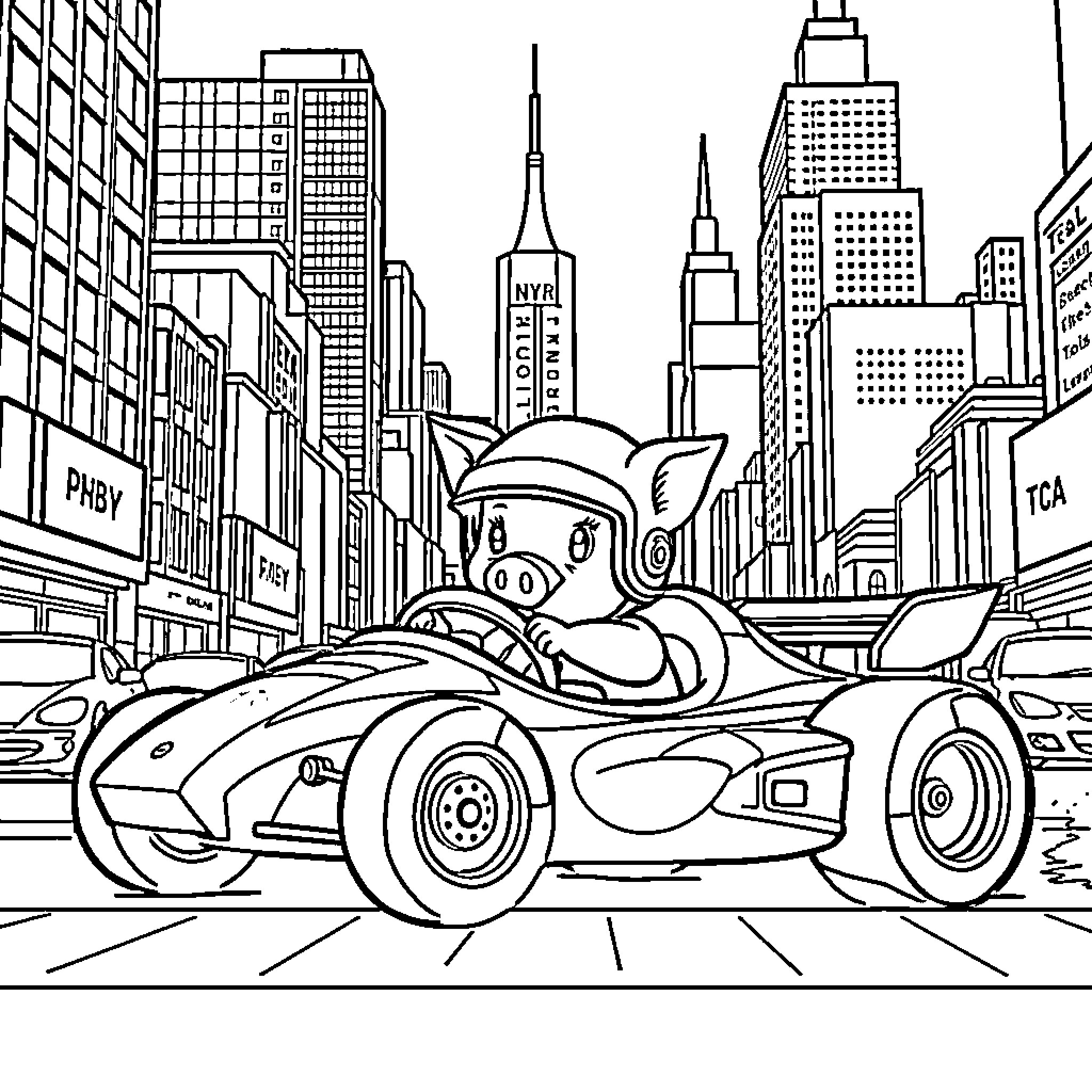 Piglet driving a race car through the city Coloring Page (free black-and-white line drawing printable PDF for all, from beginners to advanced learners, including children, teens, adults, and seniors)