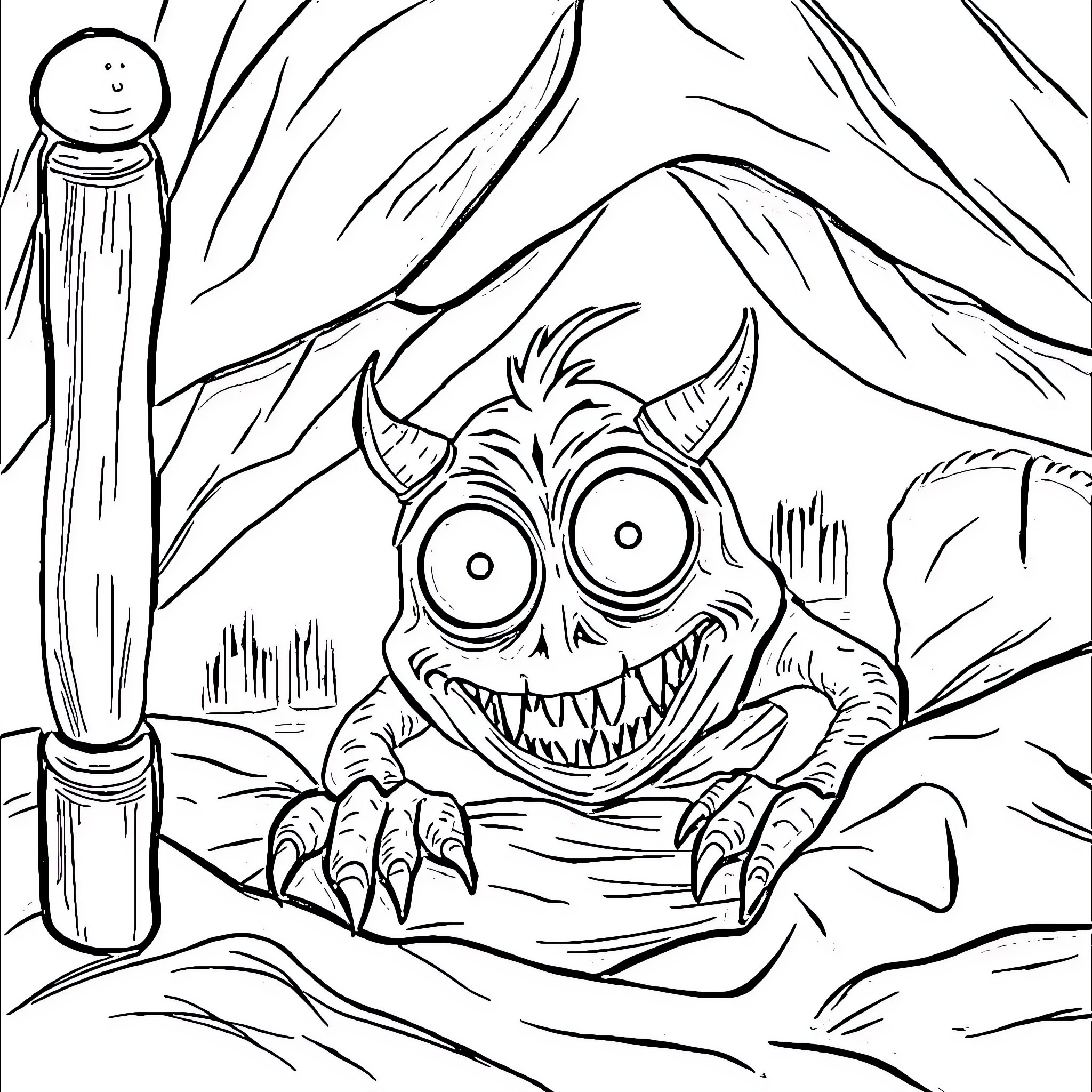 Monster Lurking in the Eerie Forest Coloring Page (free black-and-white line drawing printable PDF for all, from beginners to advanced learners, including children, teens, adults, and seniors)