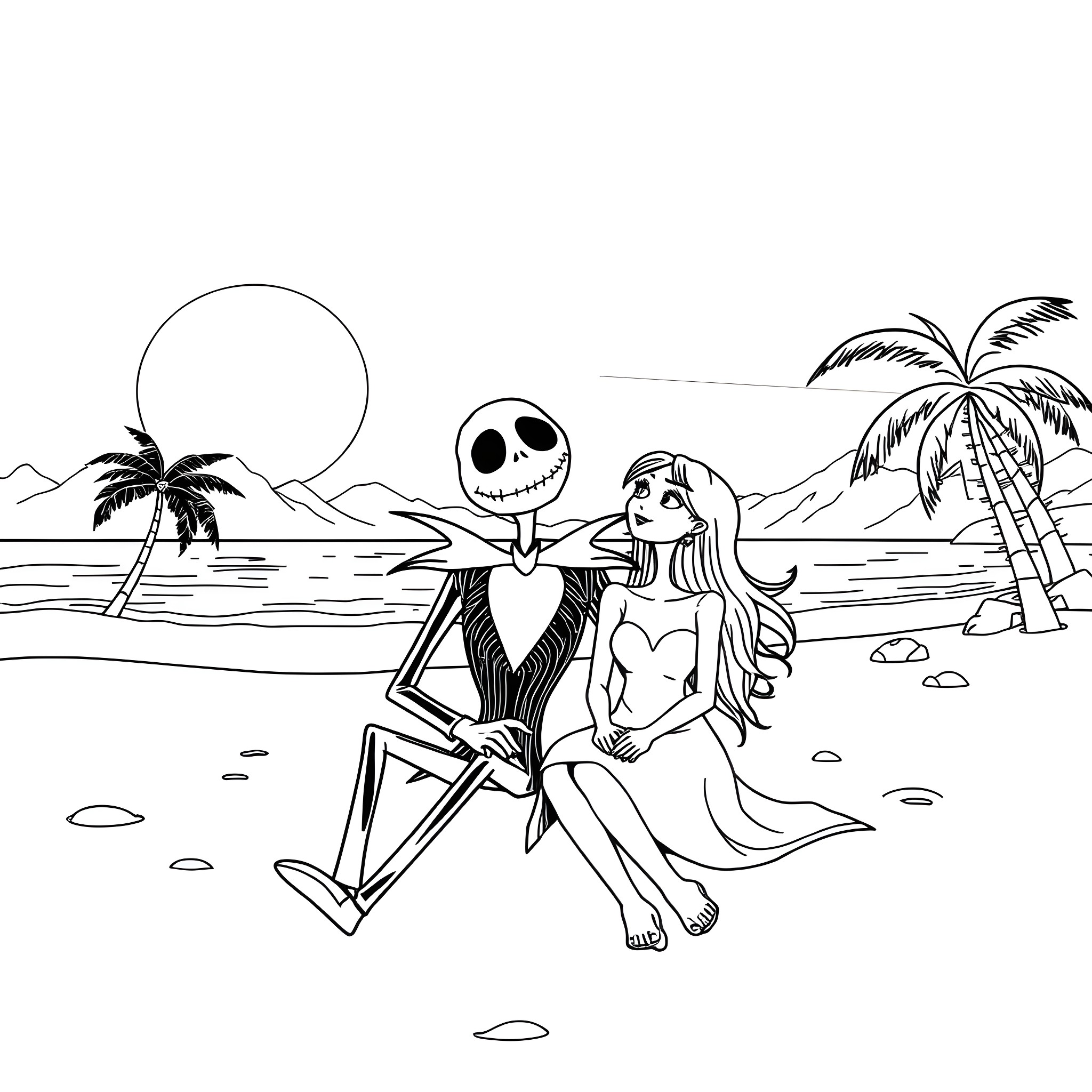 Jack Skellington and Sally relaxing on the beach Coloring Page (free black-and-white line drawing printable PDF for all, from beginners to advanced learners, including children, teens, adults, and seniors)