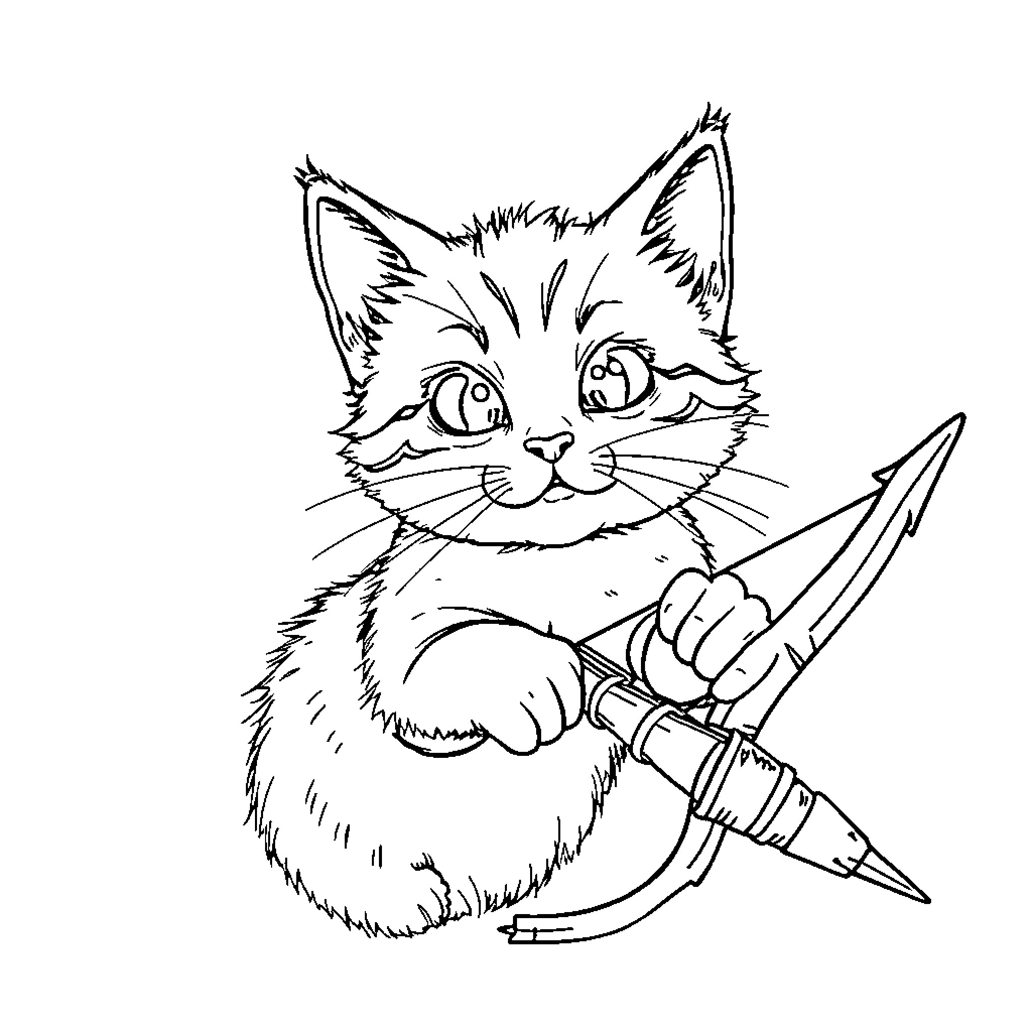Kitty artist drawing with a pencil Coloring Page (free black-and-white line drawing printable PDF for all, from beginners to advanced learners, including children, teens, adults, and seniors)