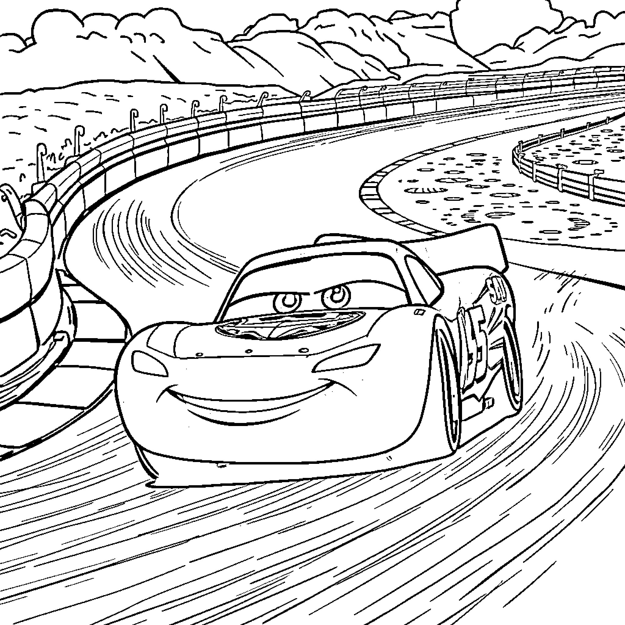 Lightning McQueen racing on a winding road Coloring Page (free black-and-white line drawing printable PDF for all, from beginners to advanced learners, including children, teens, adults, and seniors)