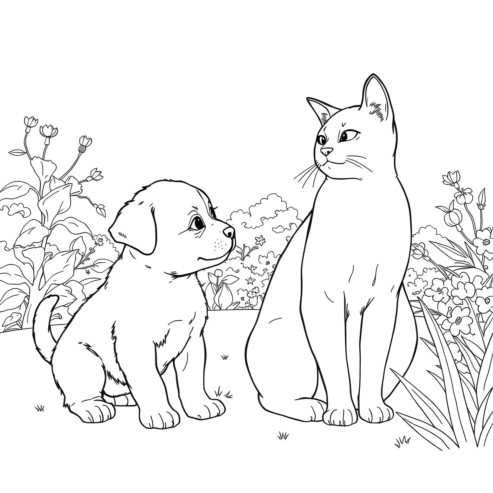 Dog and cat in a floral garden Coloring Page (free black-and-white line drawing printable PDF for all, from beginners to advanced learners, including children, teens, adults, and seniors)