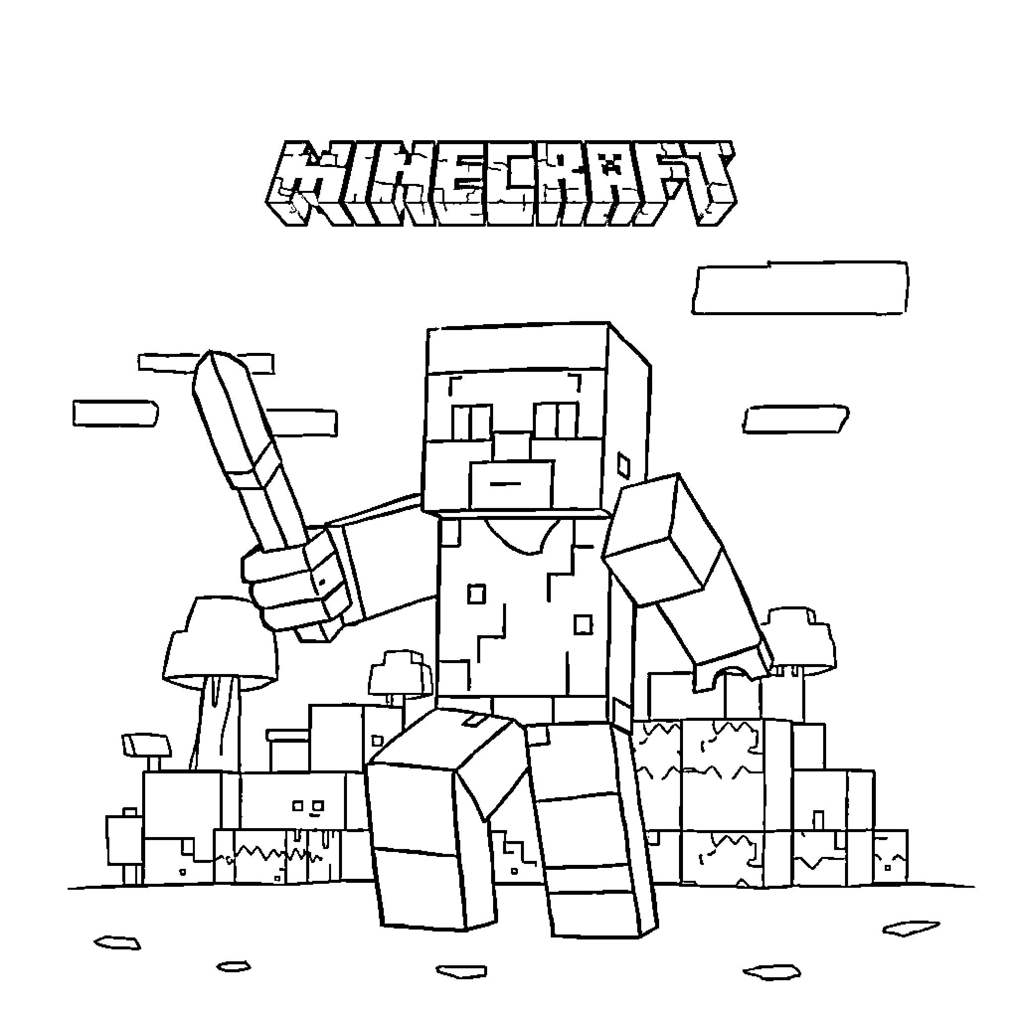 Mancraft: Blocky Character Wielding Sword in Pixelated Landscape Coloring Page (free black-and-white line drawing printable PDF for all, from beginners to advanced learners, including children, teens, adults, and seniors)