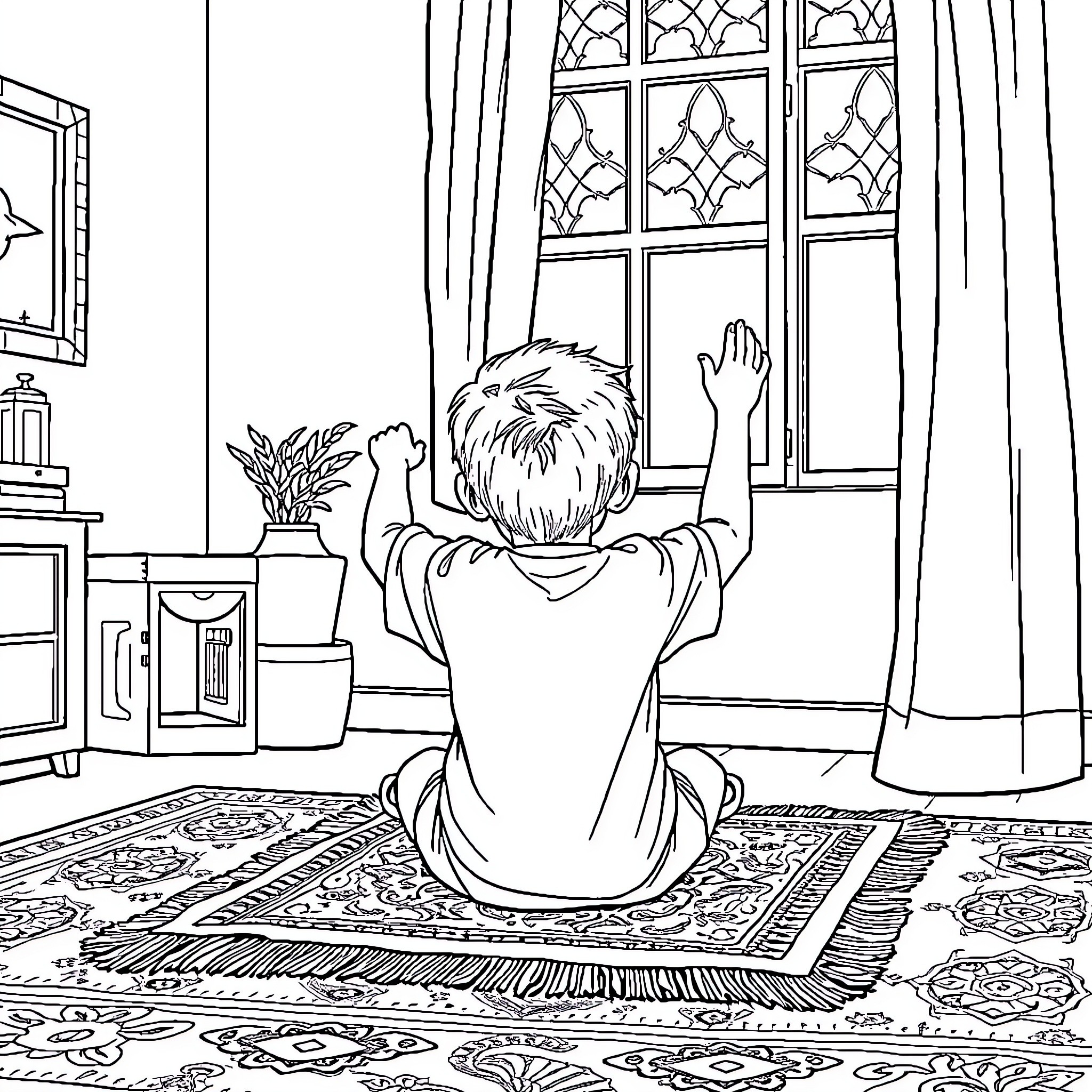 Kid looking out the window Coloring Page (free black-and-white line drawing printable PDF for all, from beginners to advanced learners, including children, teens, adults, and seniors)