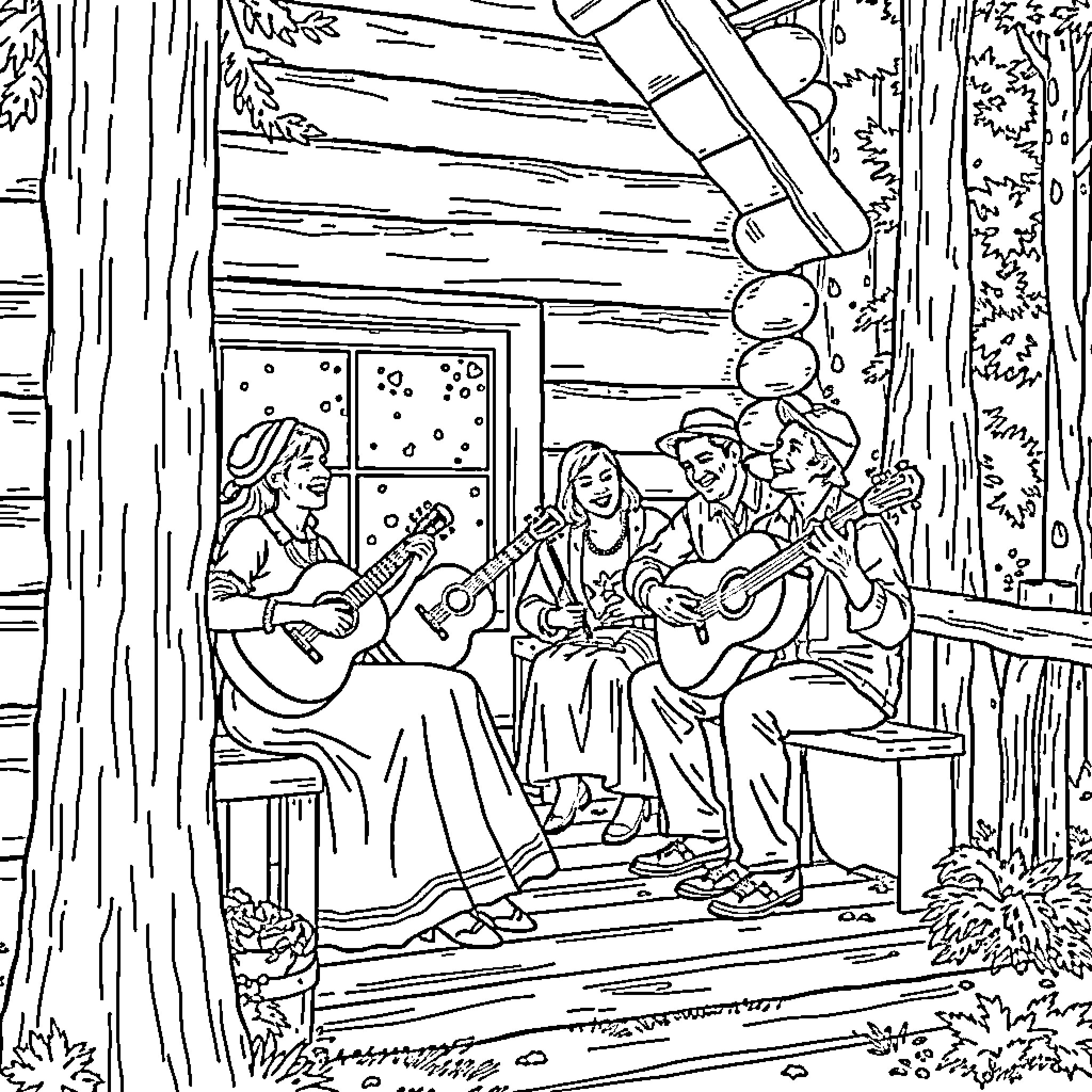 Band performing joyfully on cabin porch Coloring Page (free black-and-white line drawing printable PDF for all, from beginners to advanced learners, including children, teens, adults, and seniors)