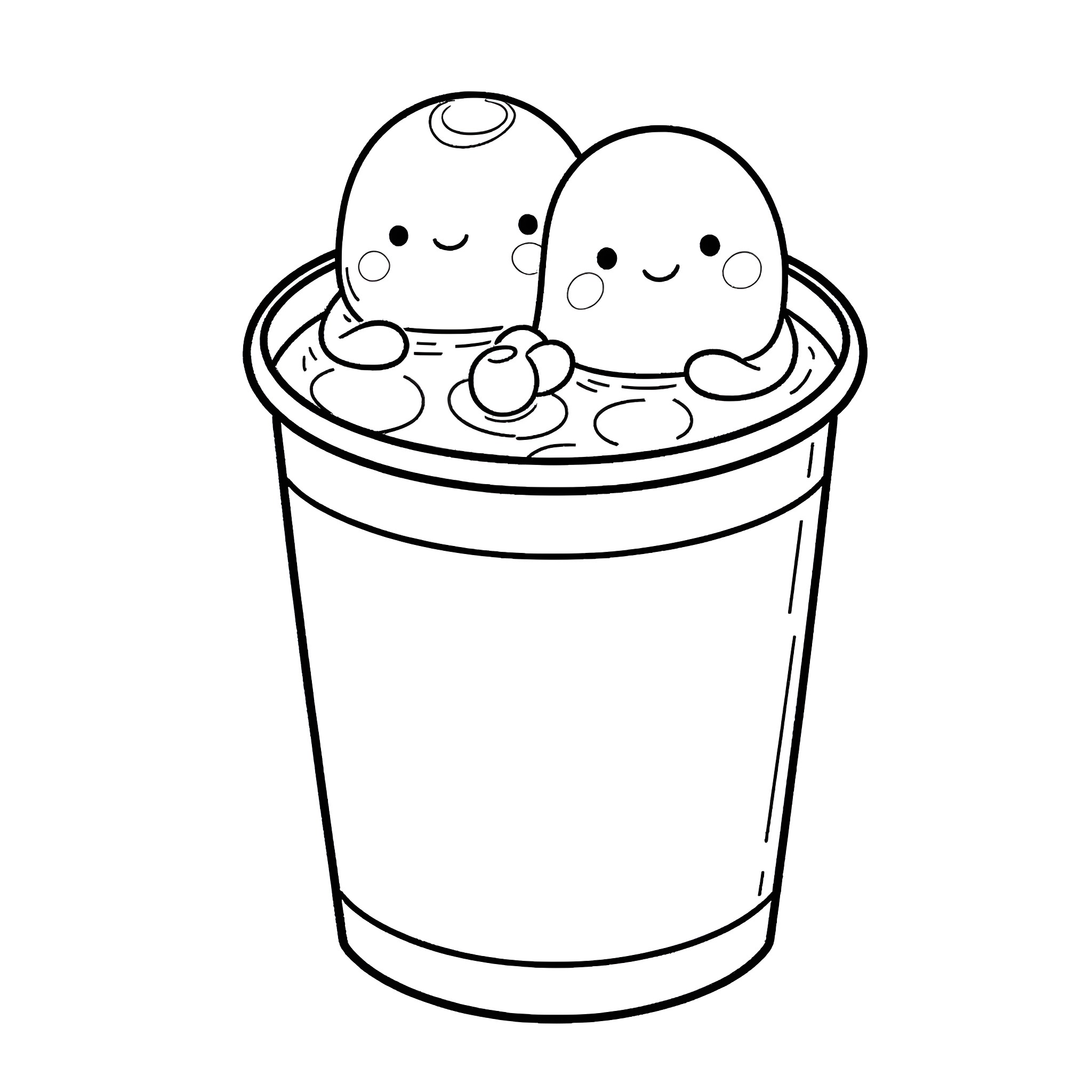 Squishmallow characters enjoying cozy drink Coloring Page (free black-and-white line drawing printable PDF for all, from beginners to advanced learners, including children, teens, adults, and seniors)
