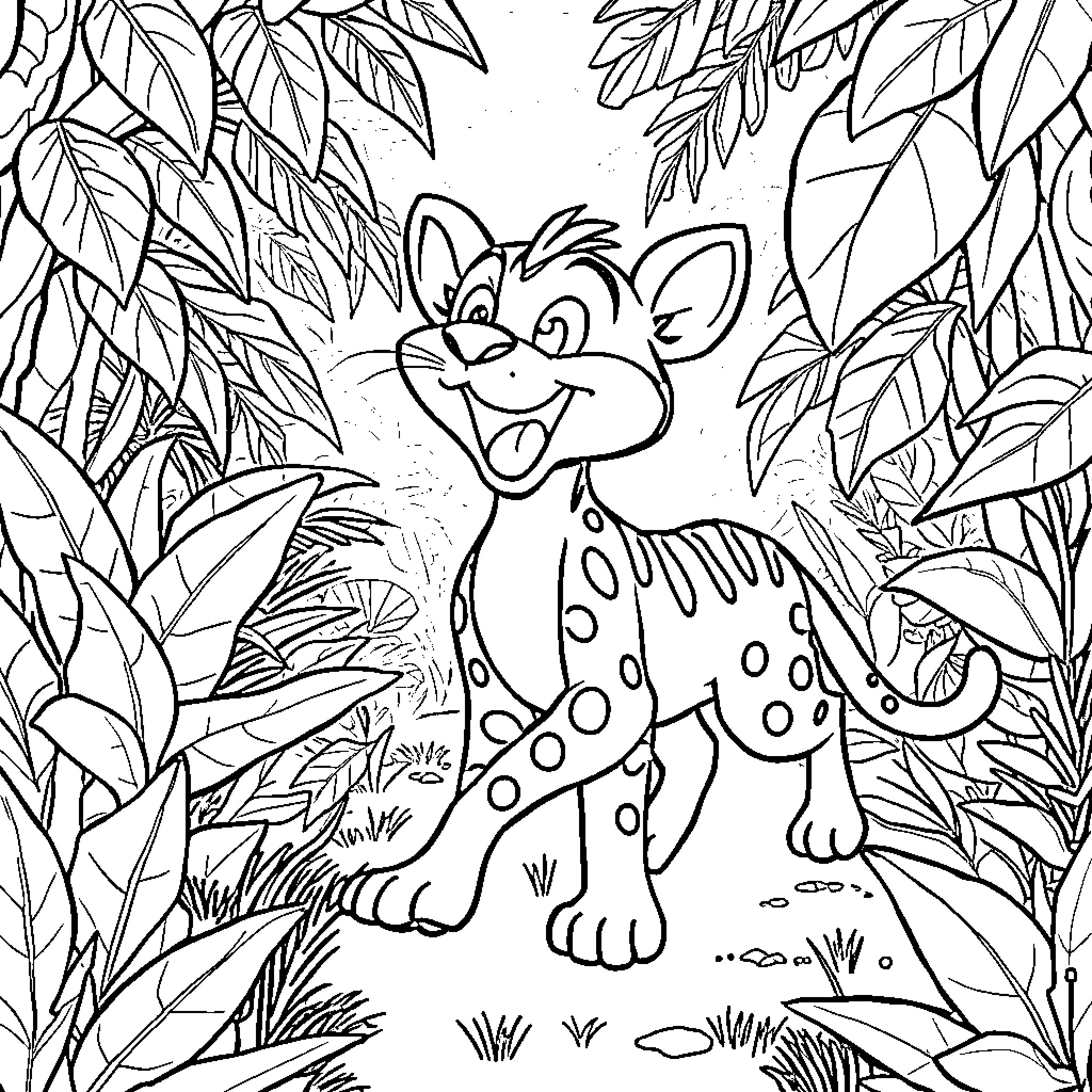 Dachshund exploring the jungle Coloring Page (free black-and-white line drawing printable PDF for all, from beginners to advanced learners, including children, teens, adults, and seniors)