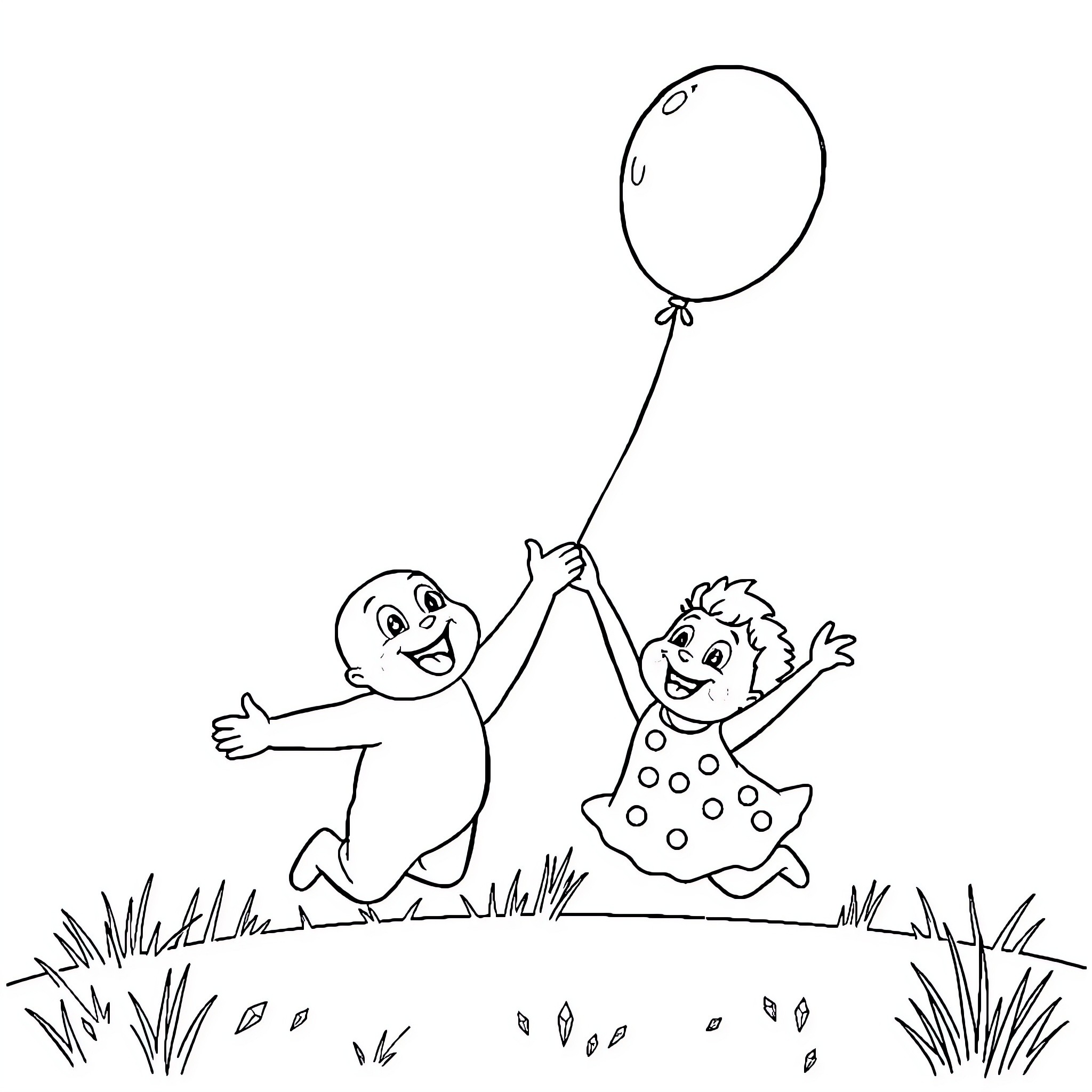 Blue and Bingo playing with a balloon in a field Coloring Page (free black-and-white line drawing printable PDF for all, from beginners to advanced learners, including children, teens, adults, and seniors)