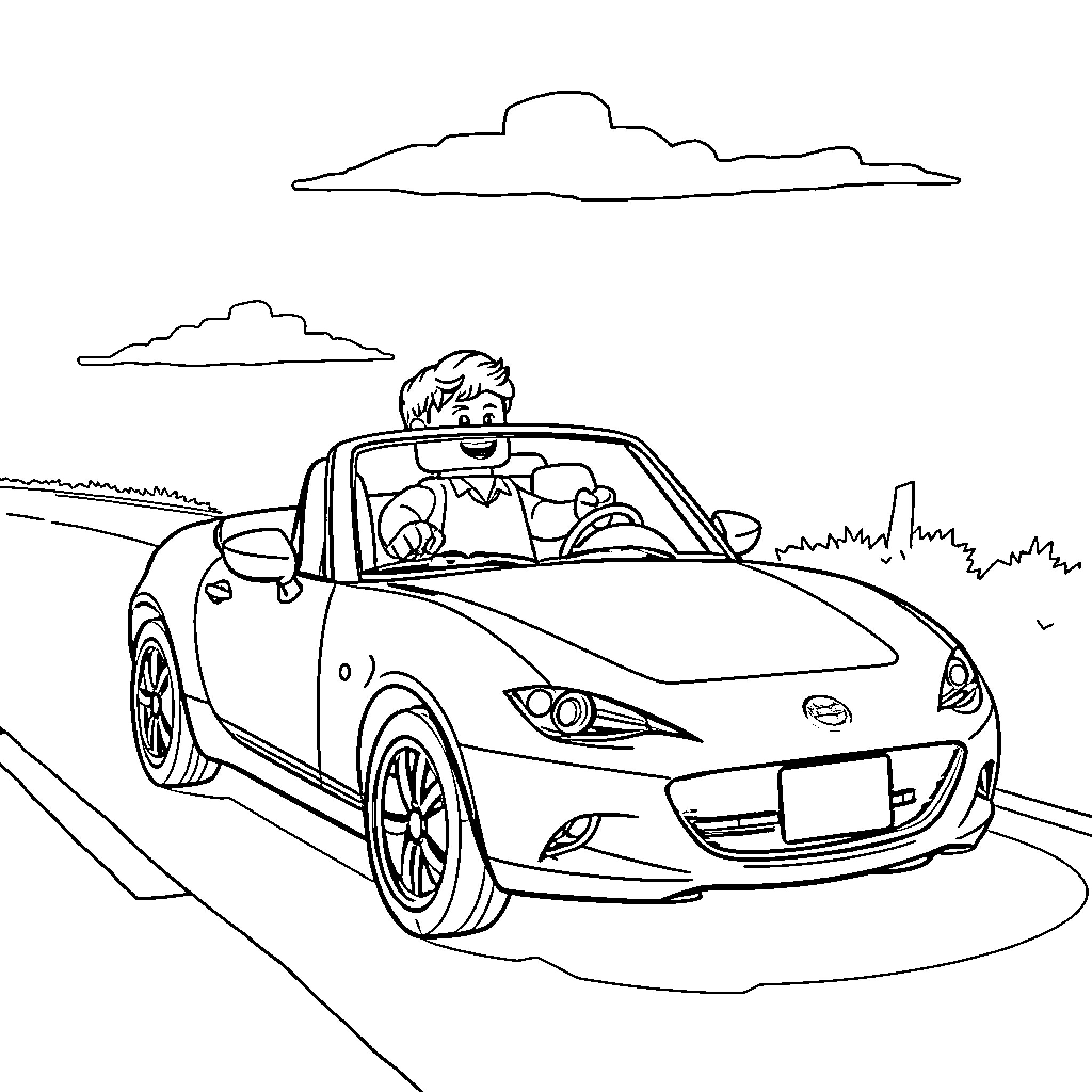 Lego Man driving a sports car on the road Coloring Page (free black-and-white line drawing printable PDF for all, from beginners to advanced learners, including children, teens, adults, and seniors)