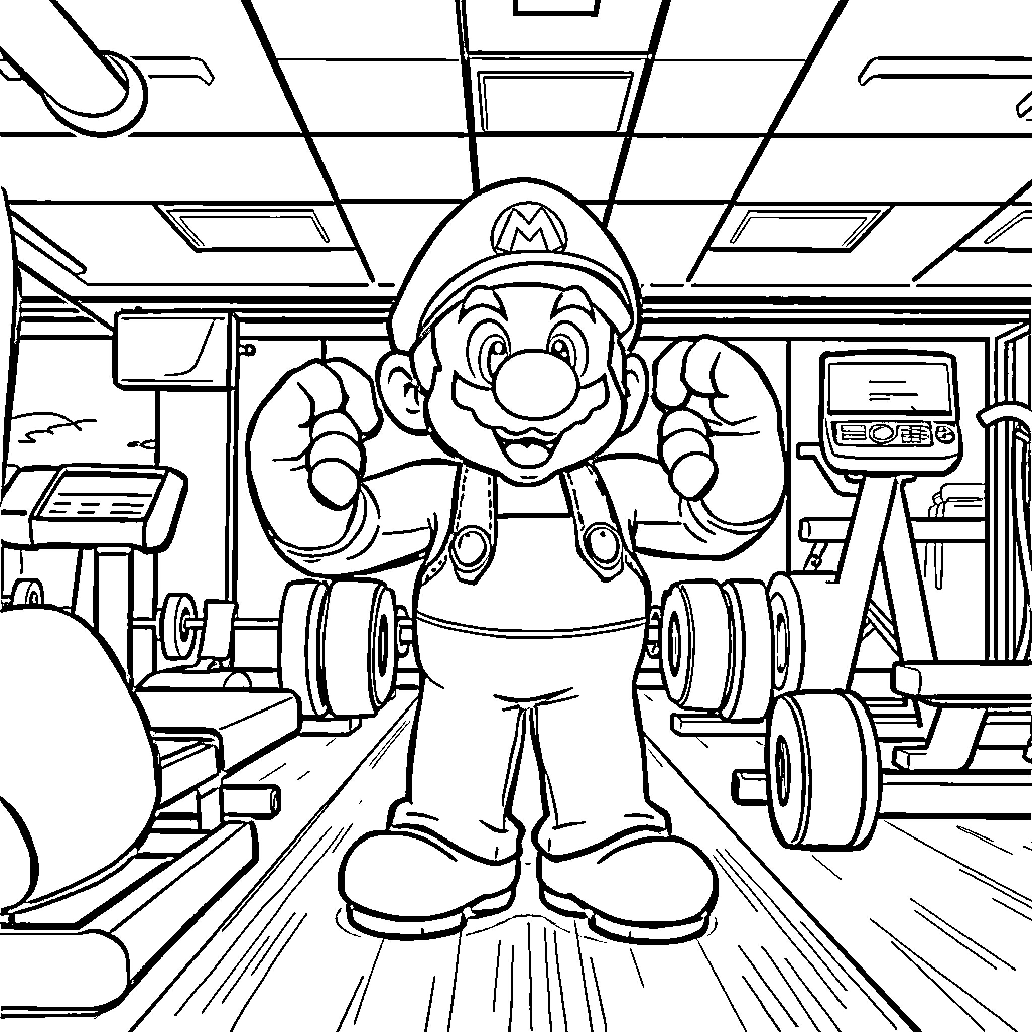 Mario Exercising Enthusiastically in a Gym Setting Coloring Page (free black-and-white line drawing printable PDF for all, from beginners to advanced learners, including children, teens, adults, and seniors)