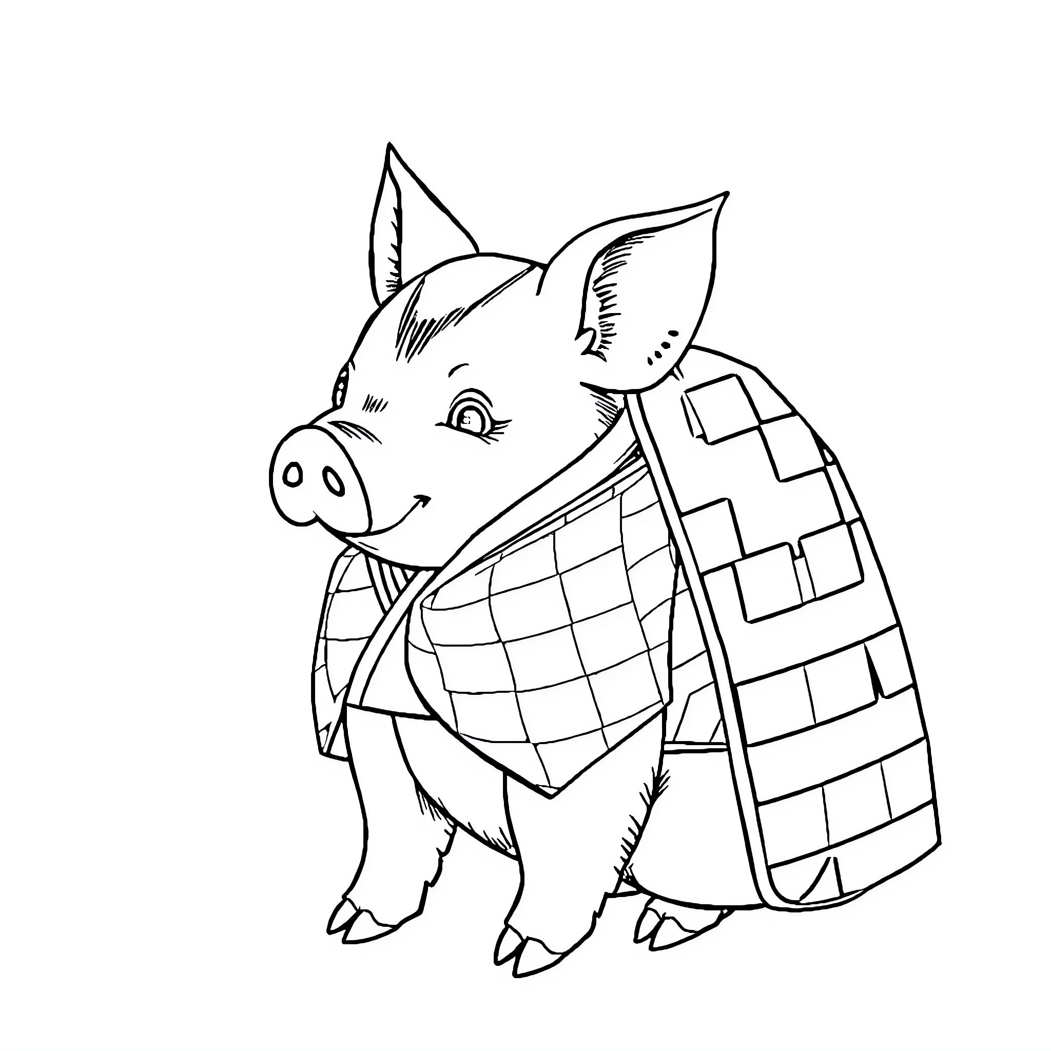 Tanjiro's Piglet Companion in Checkered Outfit Coloring Page (free black-and-white line drawing printable PDF for all, from beginners to advanced learners, including children, teens, adults, and seniors)