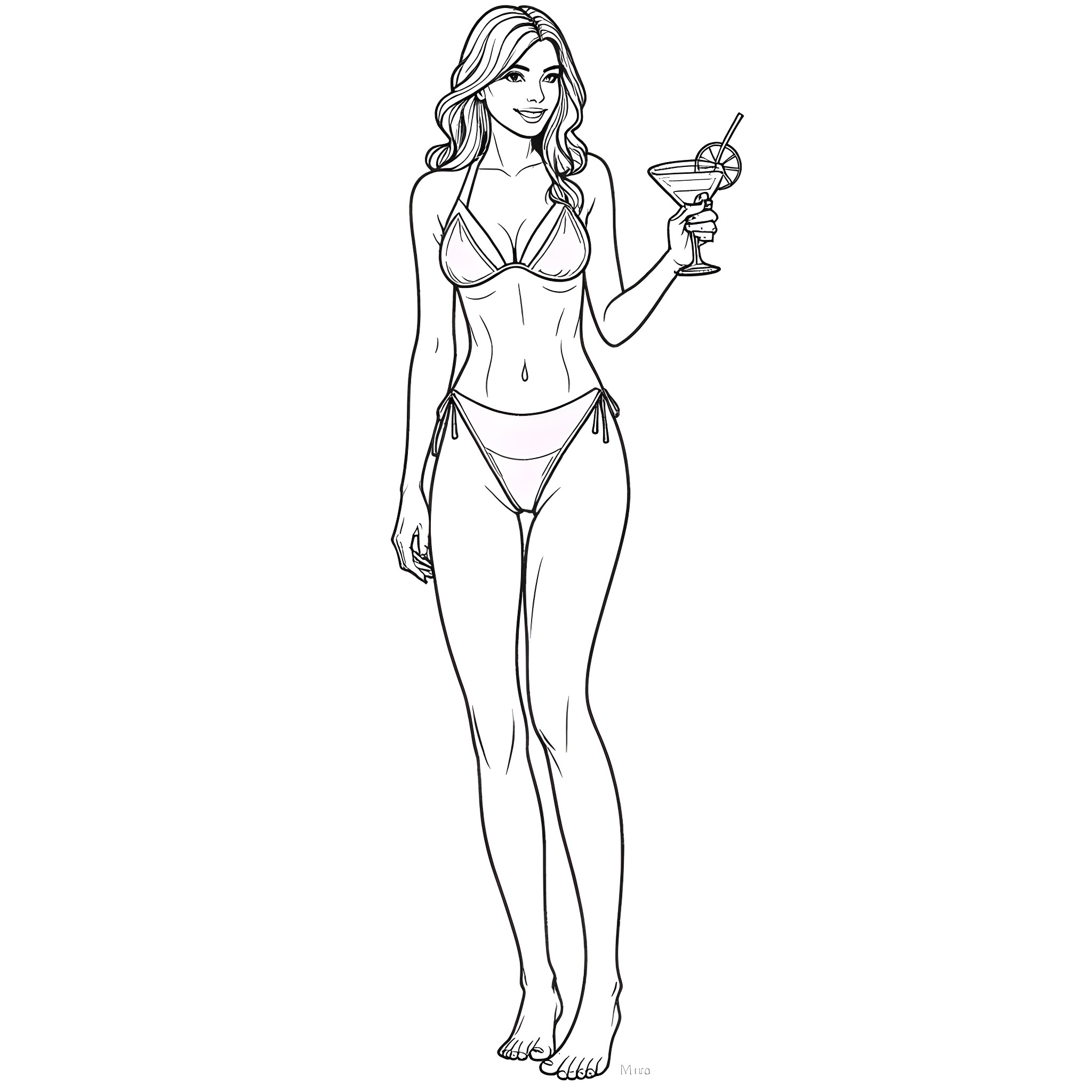 Woman enjoying a cocktail in a swimsuit Coloring Page (free black-and-white line drawing printable PDF for all, from beginners to advanced learners, including children, teens, adults, and seniors)