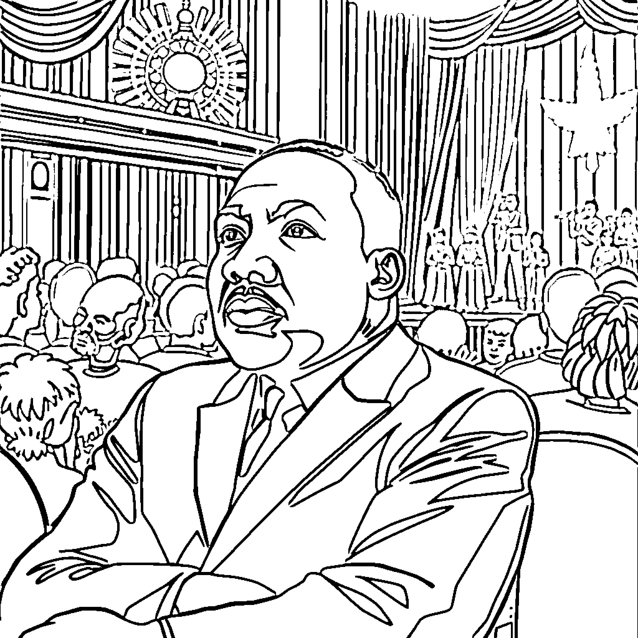 Martin Luther King Jr. delivering powerful speech to audience Coloring Page (free black-and-white line drawing printable PDF for all, from beginners to advanced learners, including children, teens, adults, and seniors)
