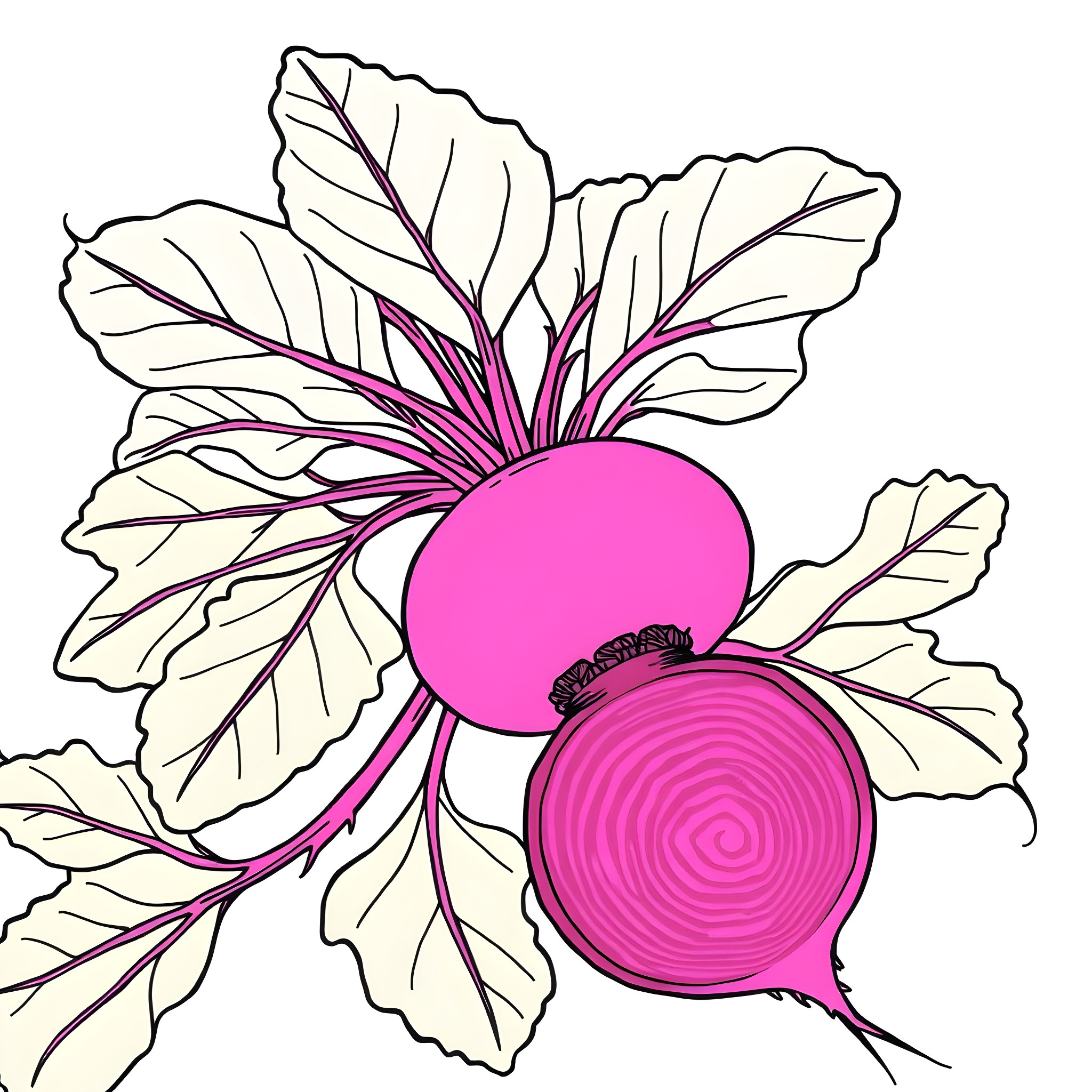 Beetroot with Vibrant Foliage Coloring Page (free black-and-white line drawing printable PDF for all, from beginners to advanced learners, including children, teens, adults, and seniors)