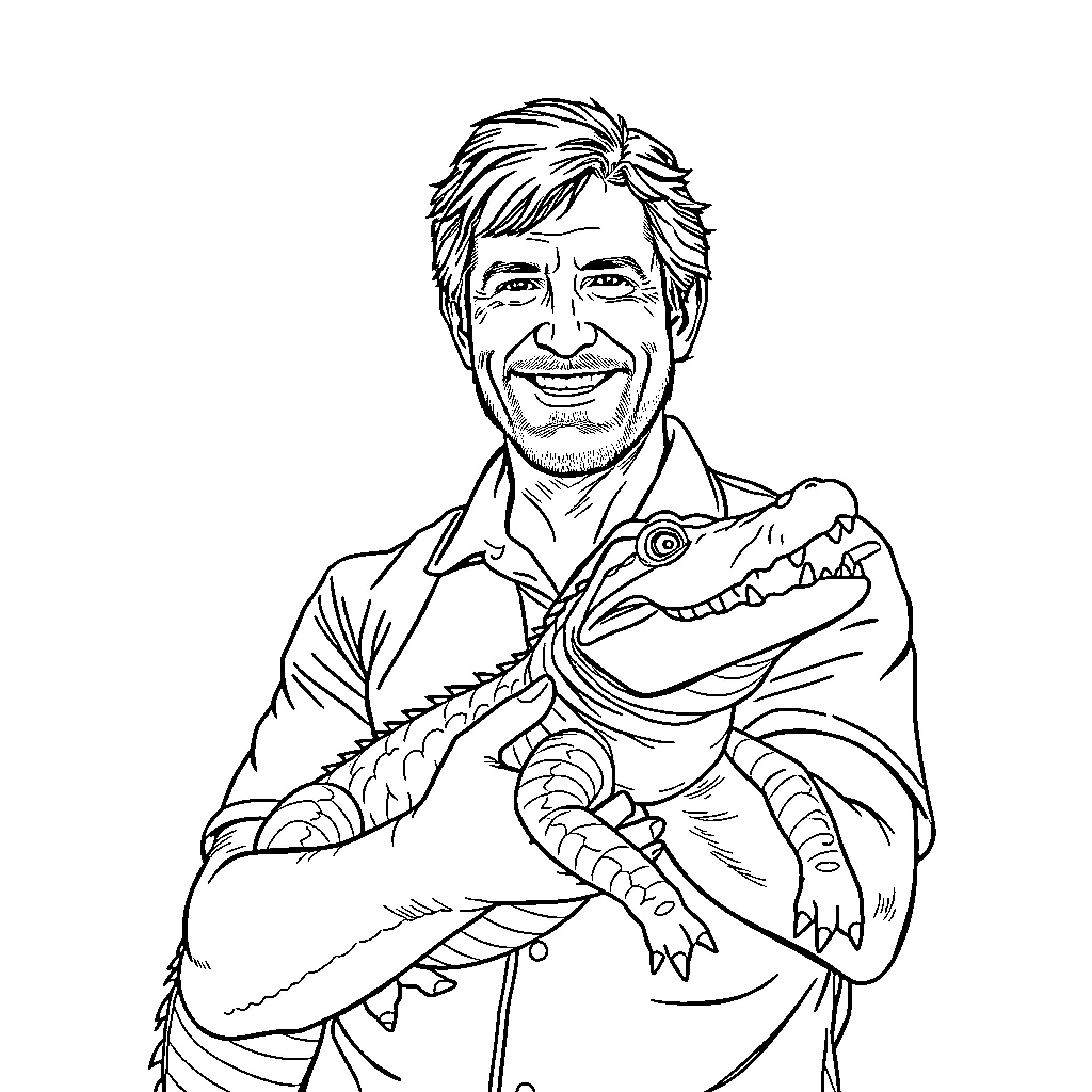 Alligator held by smiling man in formal attire Coloring Page (free black-and-white line drawing printable PDF for all, from beginners to advanced learners, including children, teens, adults, and seniors)