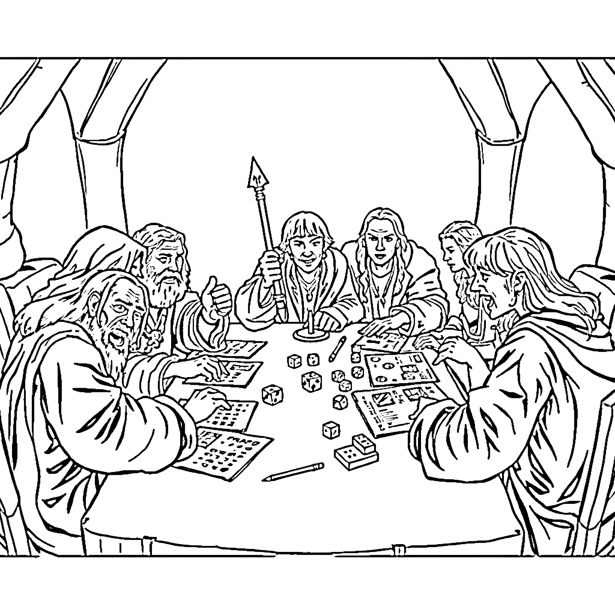 Lord of the Rings Fellowship Gathering Around Table Coloring Page (free black-and-white line drawing printable PDF for all, from beginners to advanced learners, including children, teens, adults, and seniors)