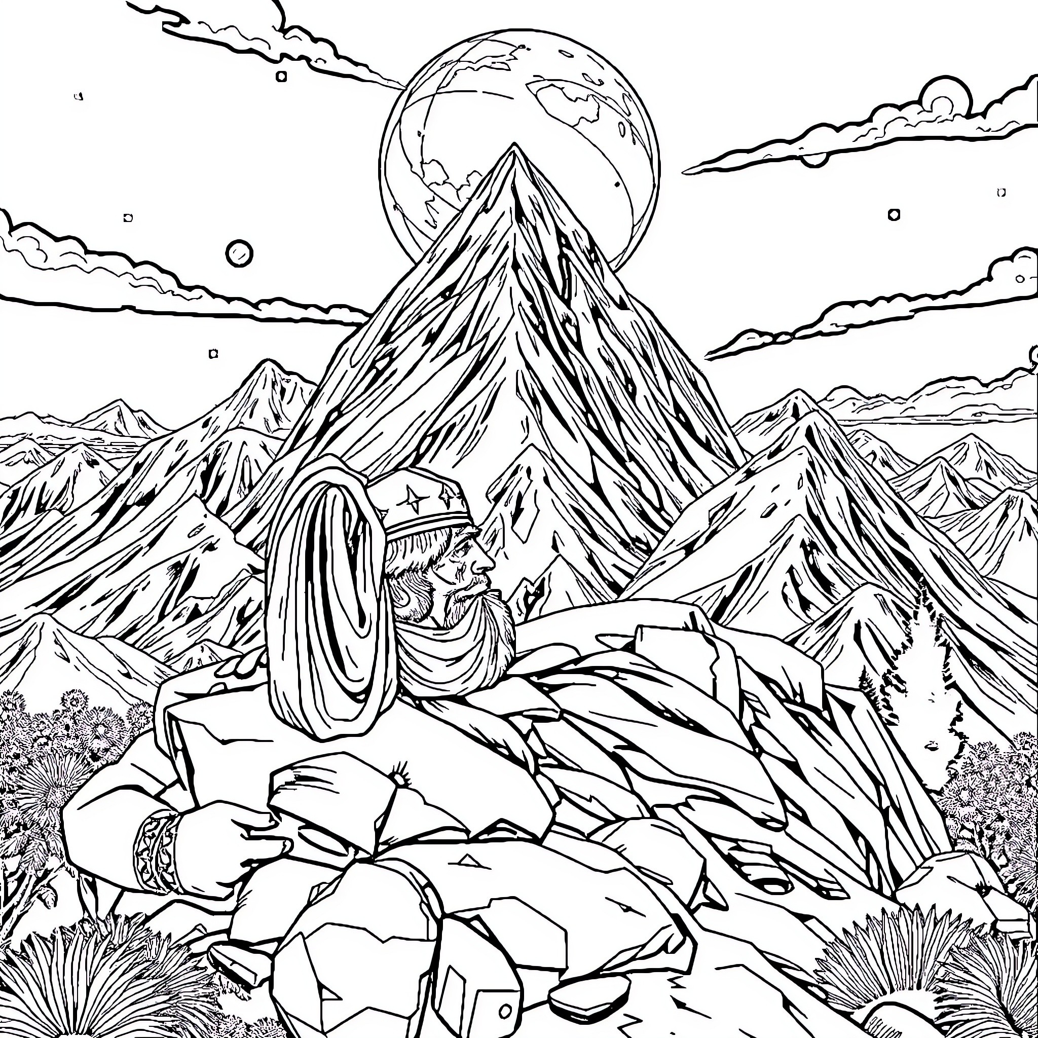 Greek Gods in Majestic Mountain Landscape Coloring Page (free black-and-white line drawing printable PDF for all, from beginners to advanced learners, including children, teens, adults, and seniors)