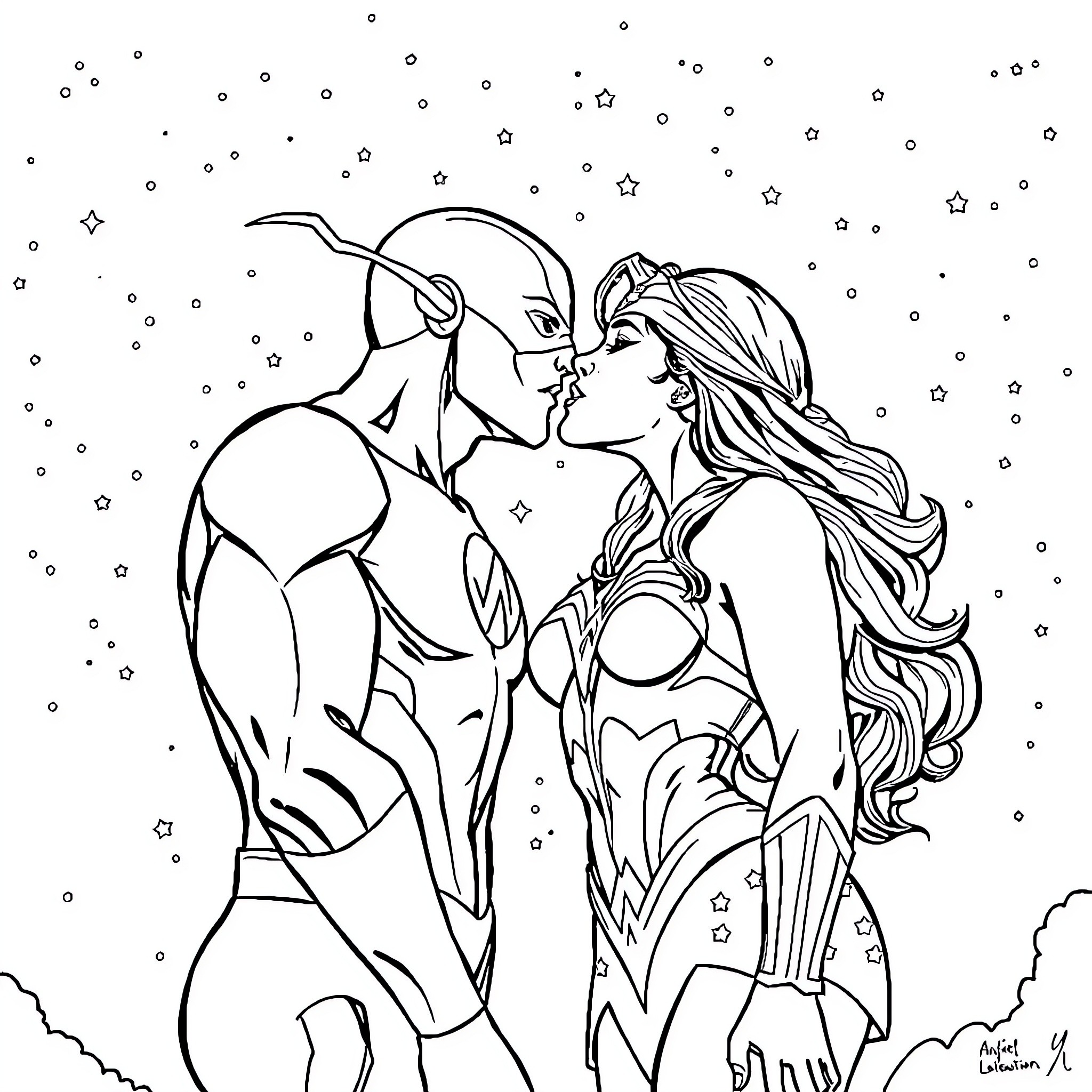 Flash of Cosmic Lovers Embrace Under Starry Sky Coloring Page (free black-and-white line drawing printable PDF for all, from beginners to advanced learners, including children, teens, adults, and seniors)
