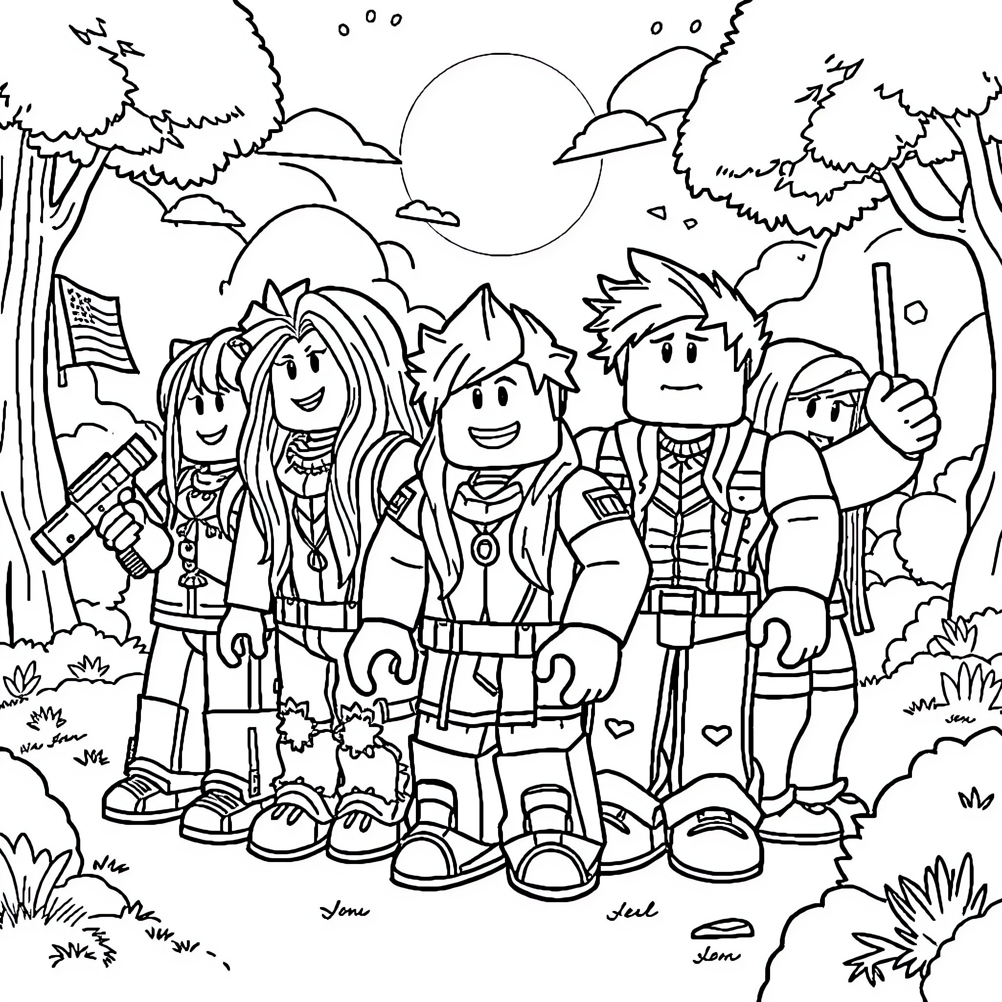 Roblox Characters in an Outdoor Adventure Coloring Page (free black-and-white line drawing printable PDF for all, from beginners to advanced learners, including children, teens, adults, and seniors)