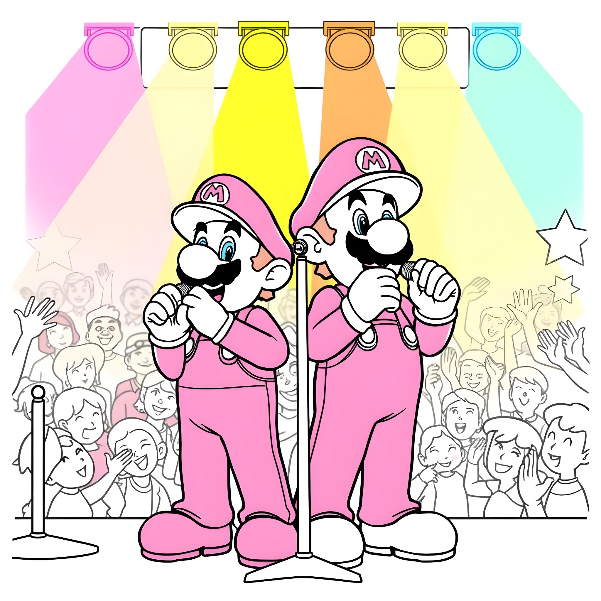 Mario brothers performing on stage with crowd Coloring Page (free black-and-white line drawing printable PDF for all, from beginners to advanced learners, including children, teens, adults, and seniors)