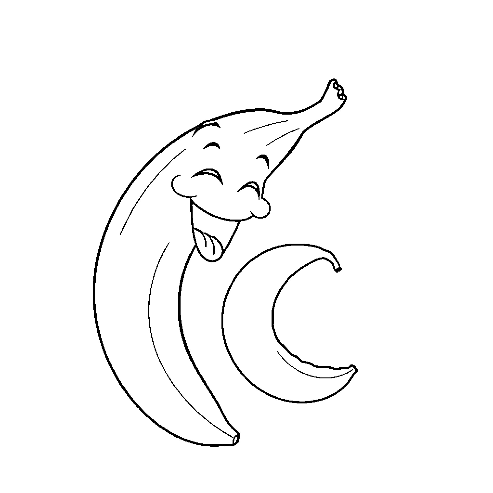 Banana playing joyfully with crescent moon Coloring Page (free black-and-white line drawing printable PDF for all, from beginners to advanced learners, including children, teens, adults, and seniors)