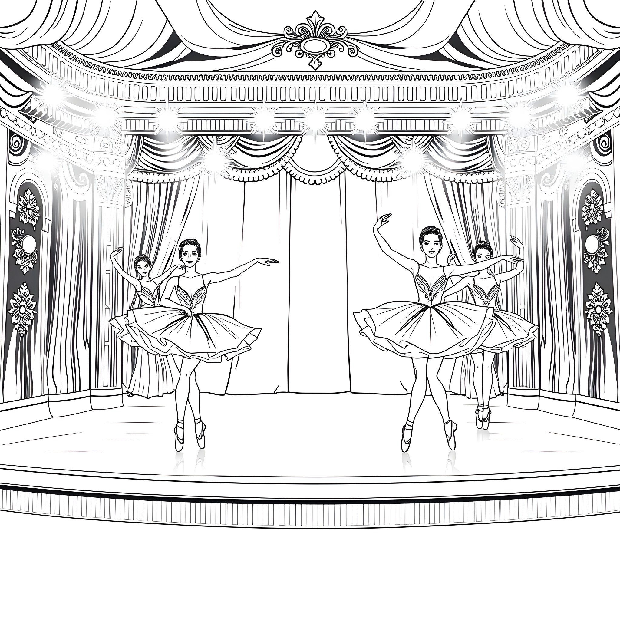 Ballet Dancers Performing on Stage Coloring Page (free black-and-white line drawing printable PDF for all, from beginners to advanced learners, including children, teens, adults, and seniors)