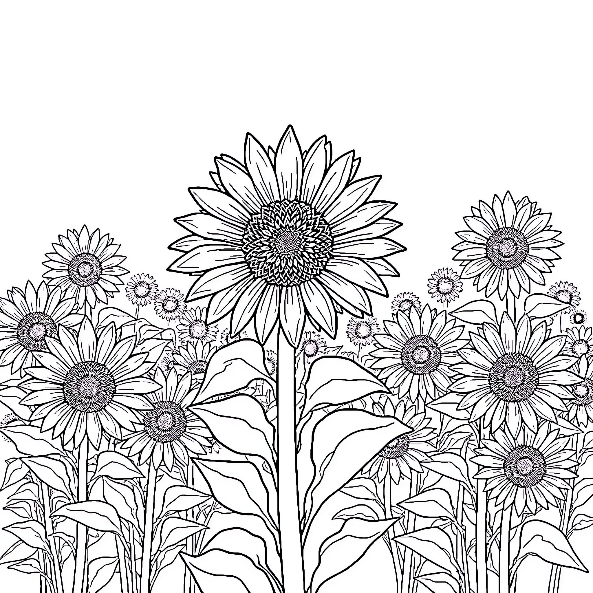 Sunflower field in full bloom Coloring Page (free black-and-white line drawing printable PDF for all, from beginners to advanced learners, including children, teens, adults, and seniors)