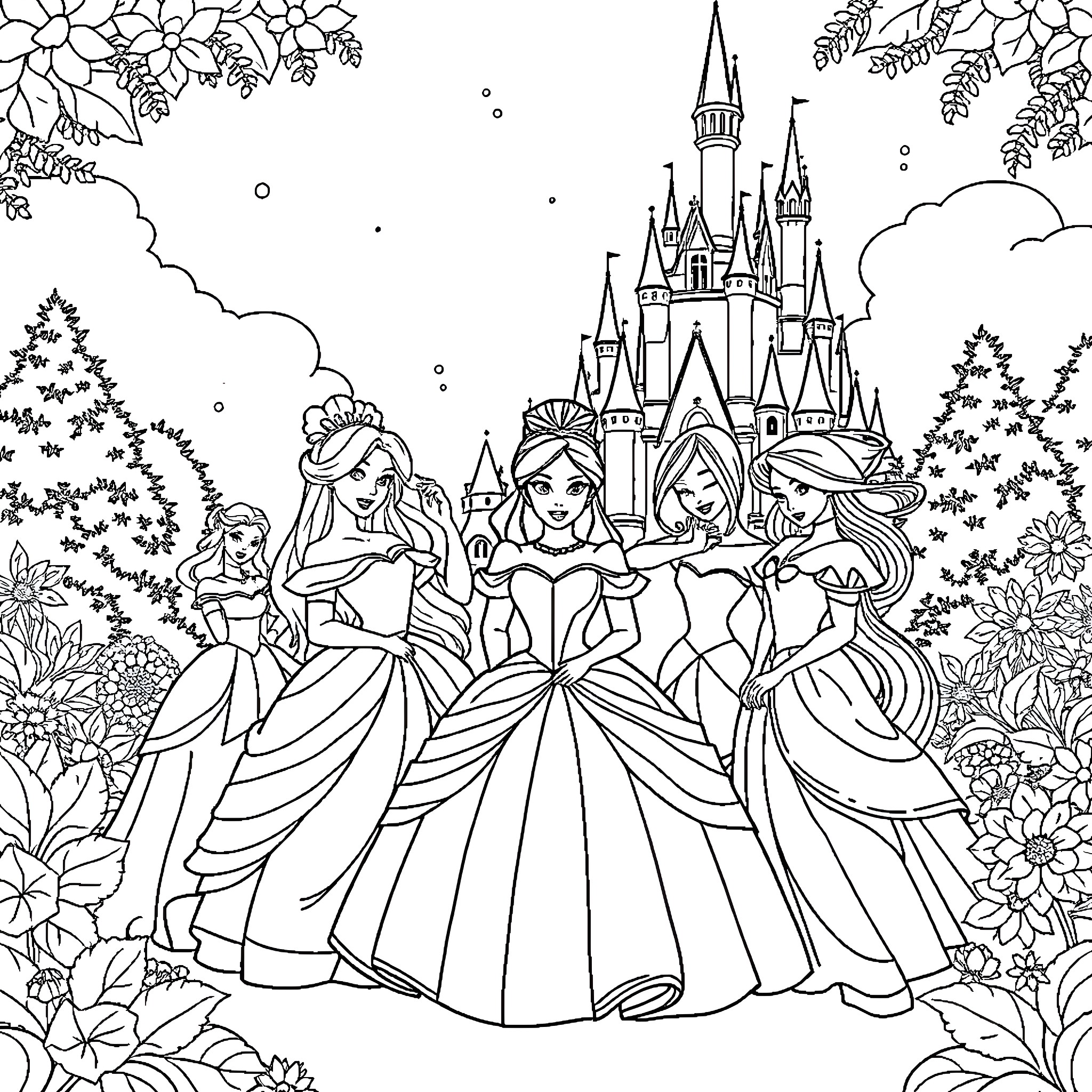 Princess Royalty Gathered at the Enchanted Castle Coloring Page (free black-and-white line drawing printable PDF for all, from beginners to advanced learners, including children, teens, adults, and seniors)