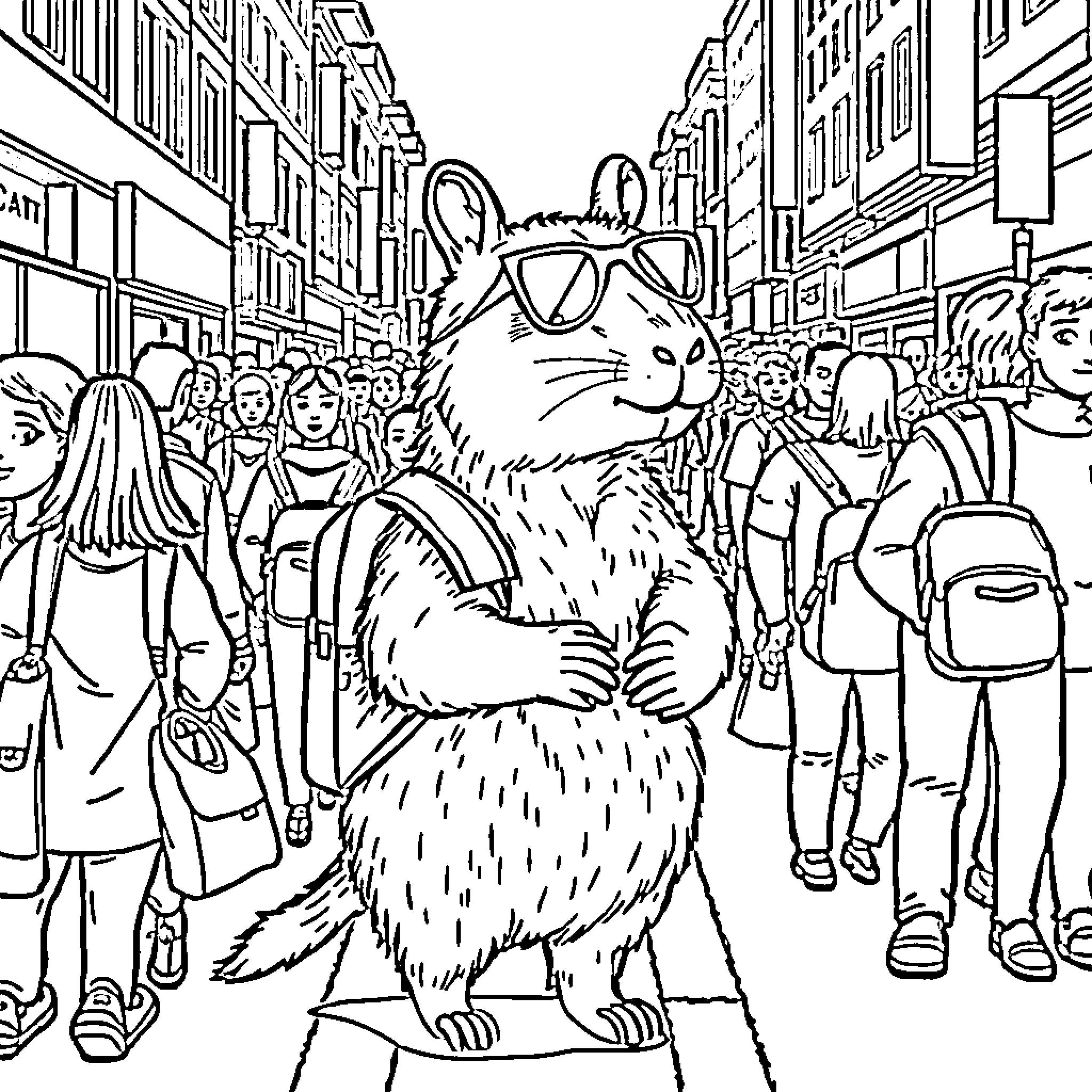 Capybara strolling among the crowd in the city Coloring Page (free black-and-white line drawing printable PDF for all, from beginners to advanced learners, including children, teens, adults, and seniors)