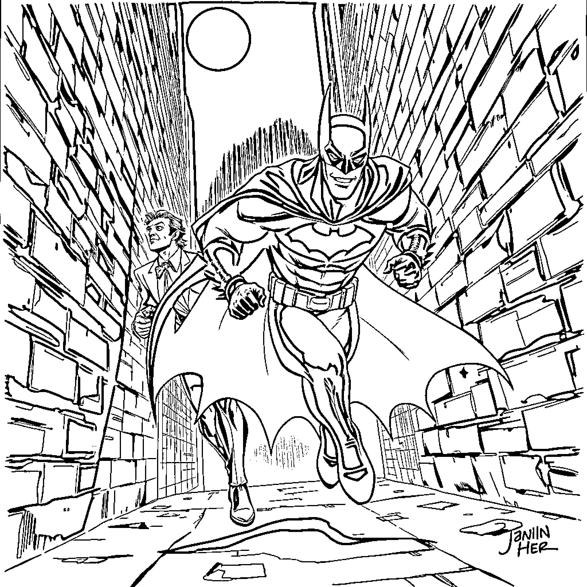 Batman Swiftly Navigates the Gritty City Streets Coloring Page (free black-and-white line drawing printable PDF for all, from beginners to advanced learners, including children, teens, adults, and seniors)