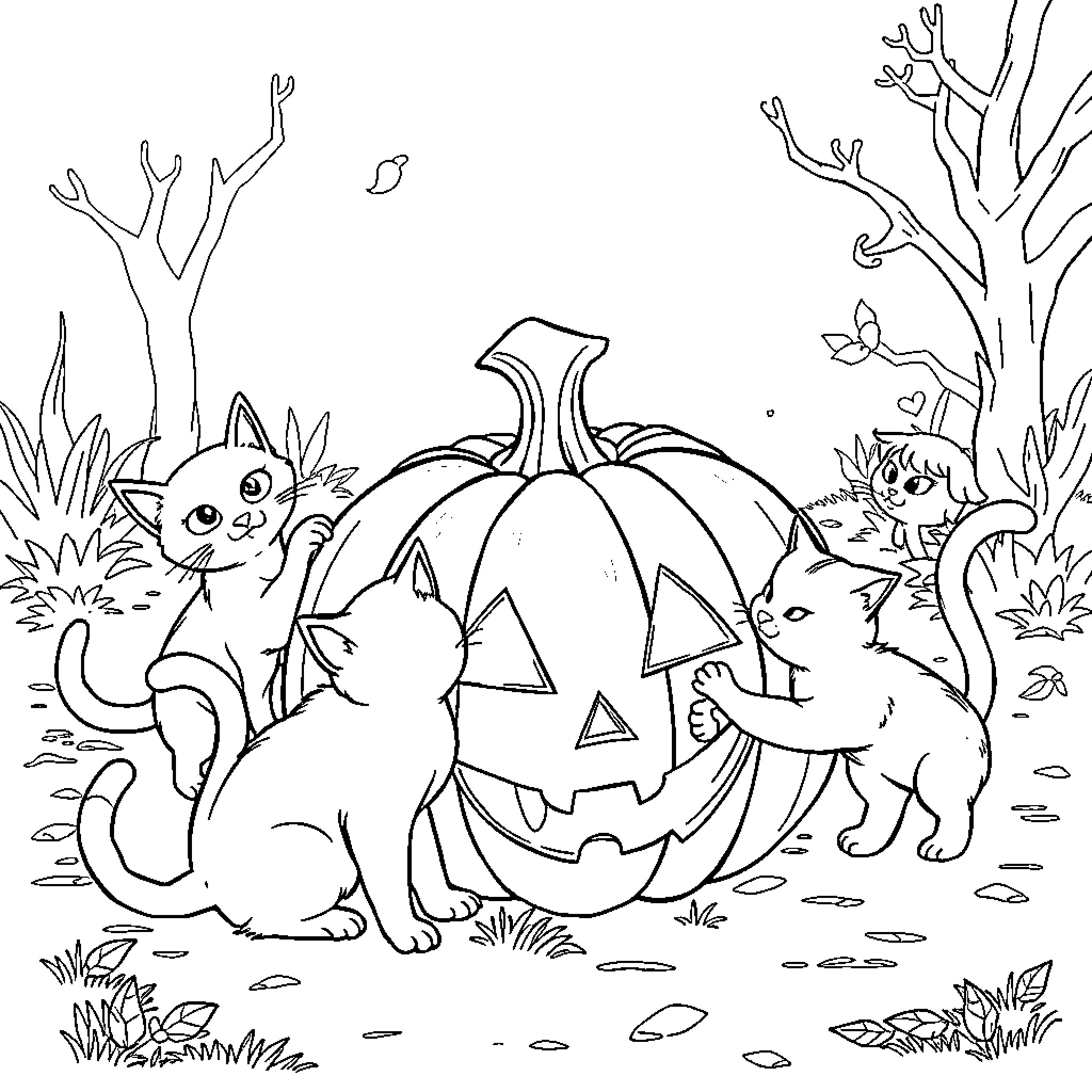 Pumpkin and playful cats in autumn scenery Coloring Page (free black-and-white line drawing printable PDF for all, from beginners to advanced learners, including children, teens, adults, and seniors)