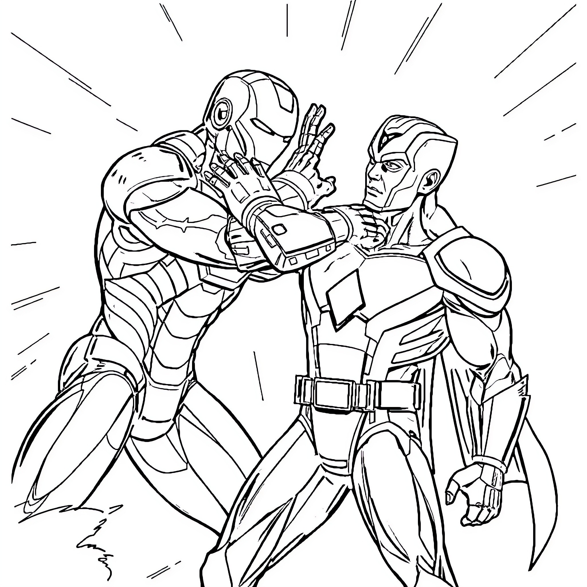 Iron Man and Superhero Clash in Dramatic Battle Coloring Page (free black-and-white line drawing printable PDF for all, from beginners to advanced learners, including children, teens, adults, and seniors)