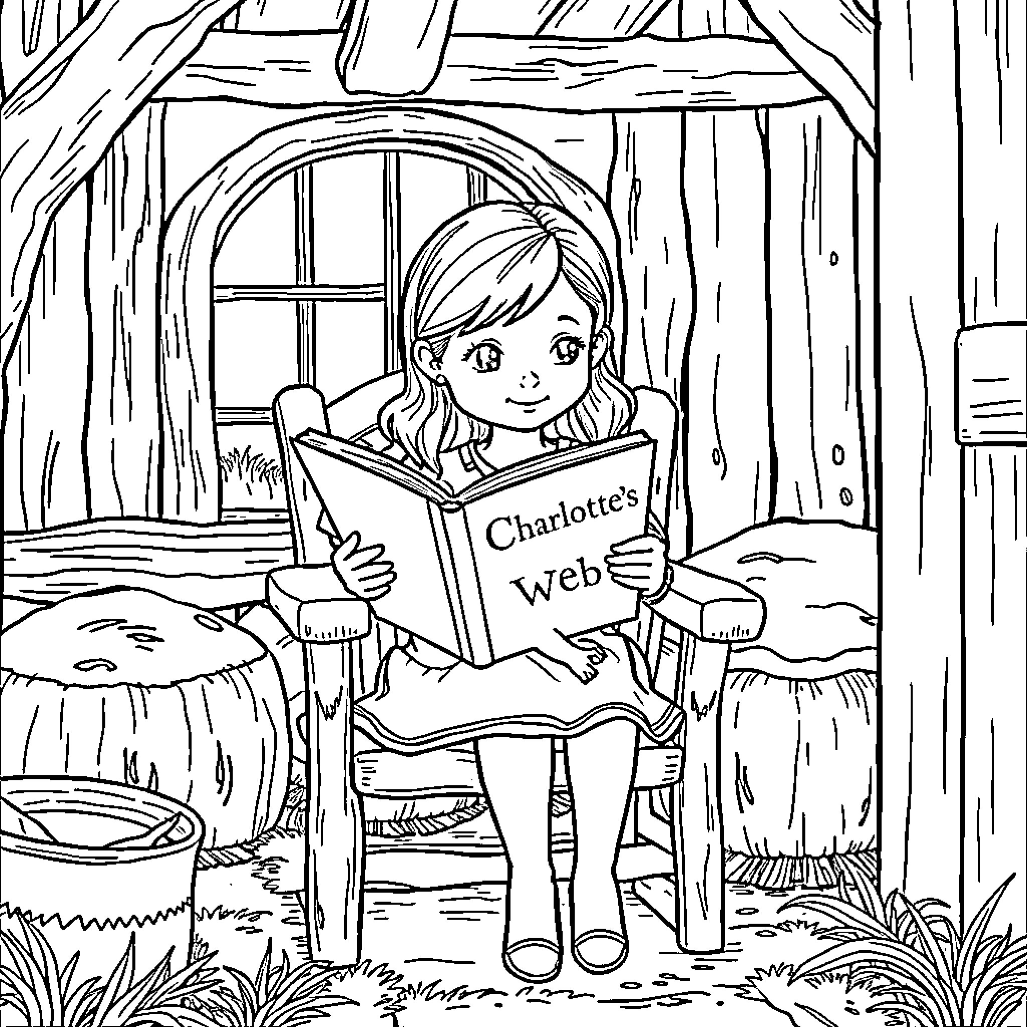 Girl reading book in forest cabin Coloring Page (free black-and-white line drawing printable PDF for all, from beginners to advanced learners, including children, teens, adults, and seniors)