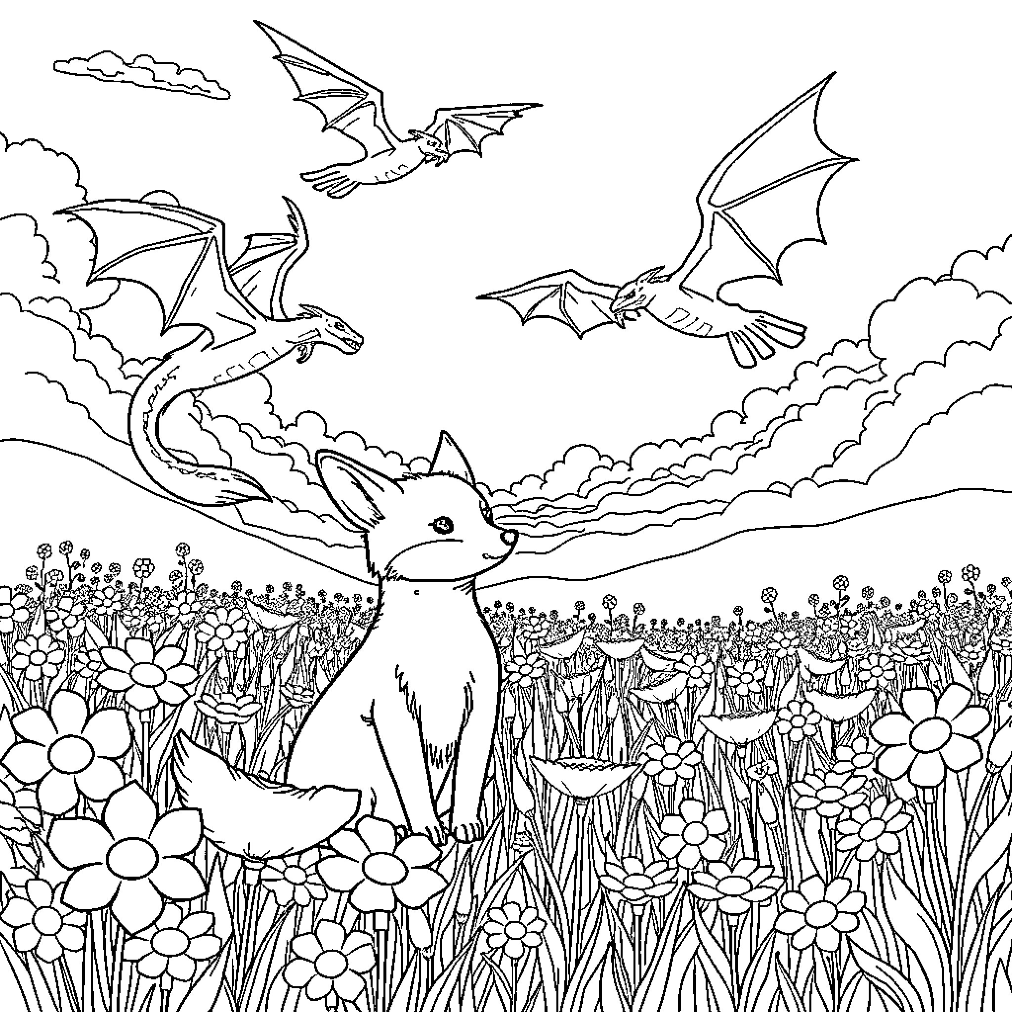 Fox encountering flying dragons in the meadow Coloring Page (free black-and-white line drawing printable PDF for all, from beginners to advanced learners, including children, teens, adults, and seniors)