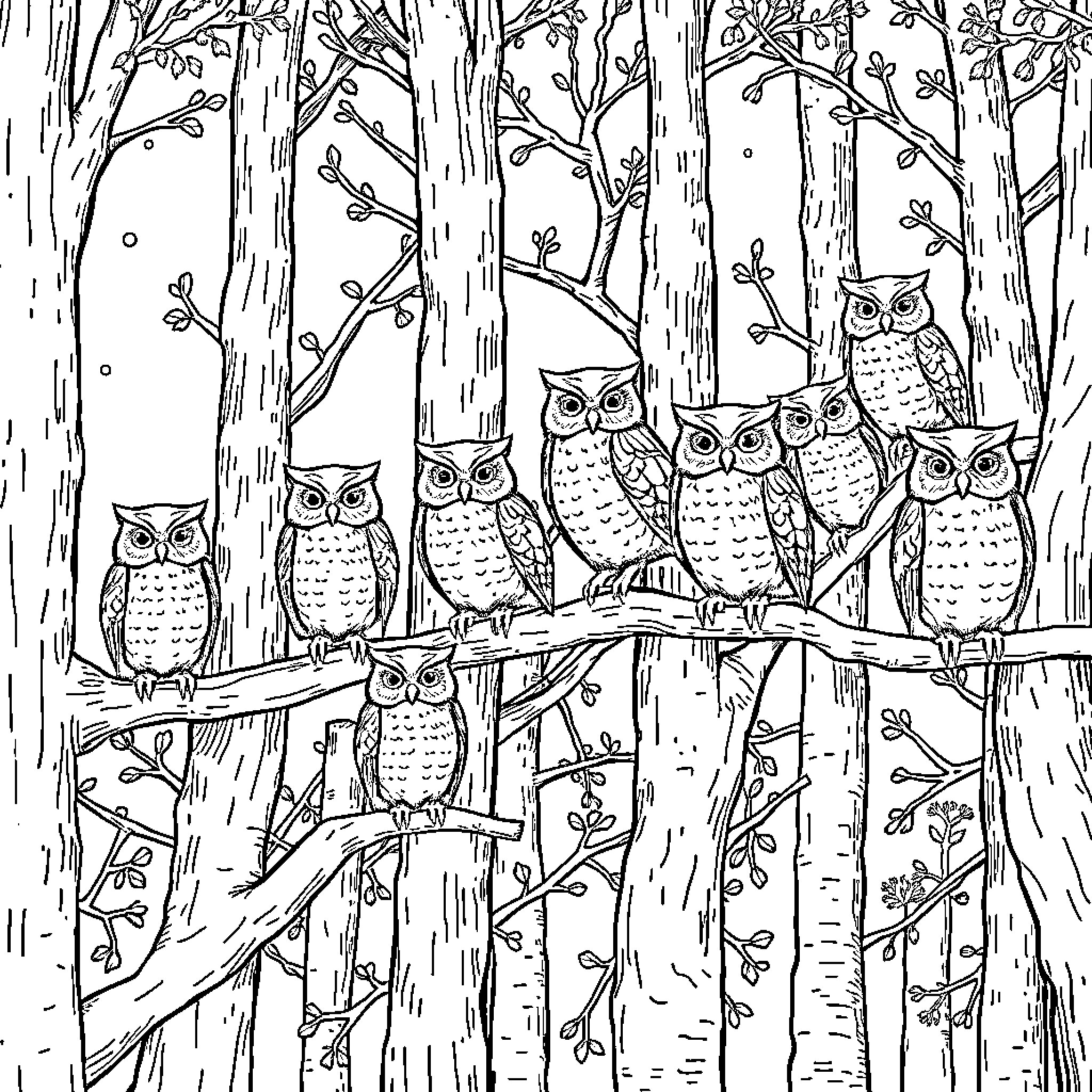 Owl family gathering in the magical forest Coloring Page (free black-and-white line drawing printable PDF for all, from beginners to advanced learners, including children, teens, adults, and seniors)