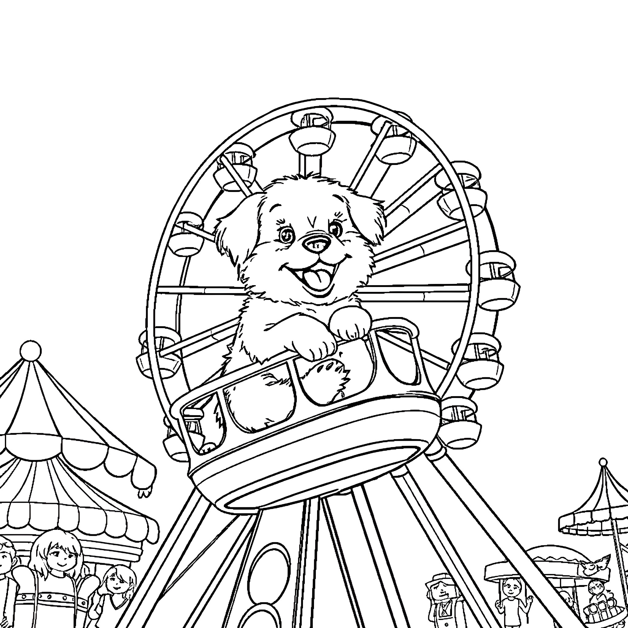 Puppy enjoying a ride on the Ferris wheel Coloring Page (free black-and-white line drawing printable PDF for all, from beginners to advanced learners, including children, teens, adults, and seniors)