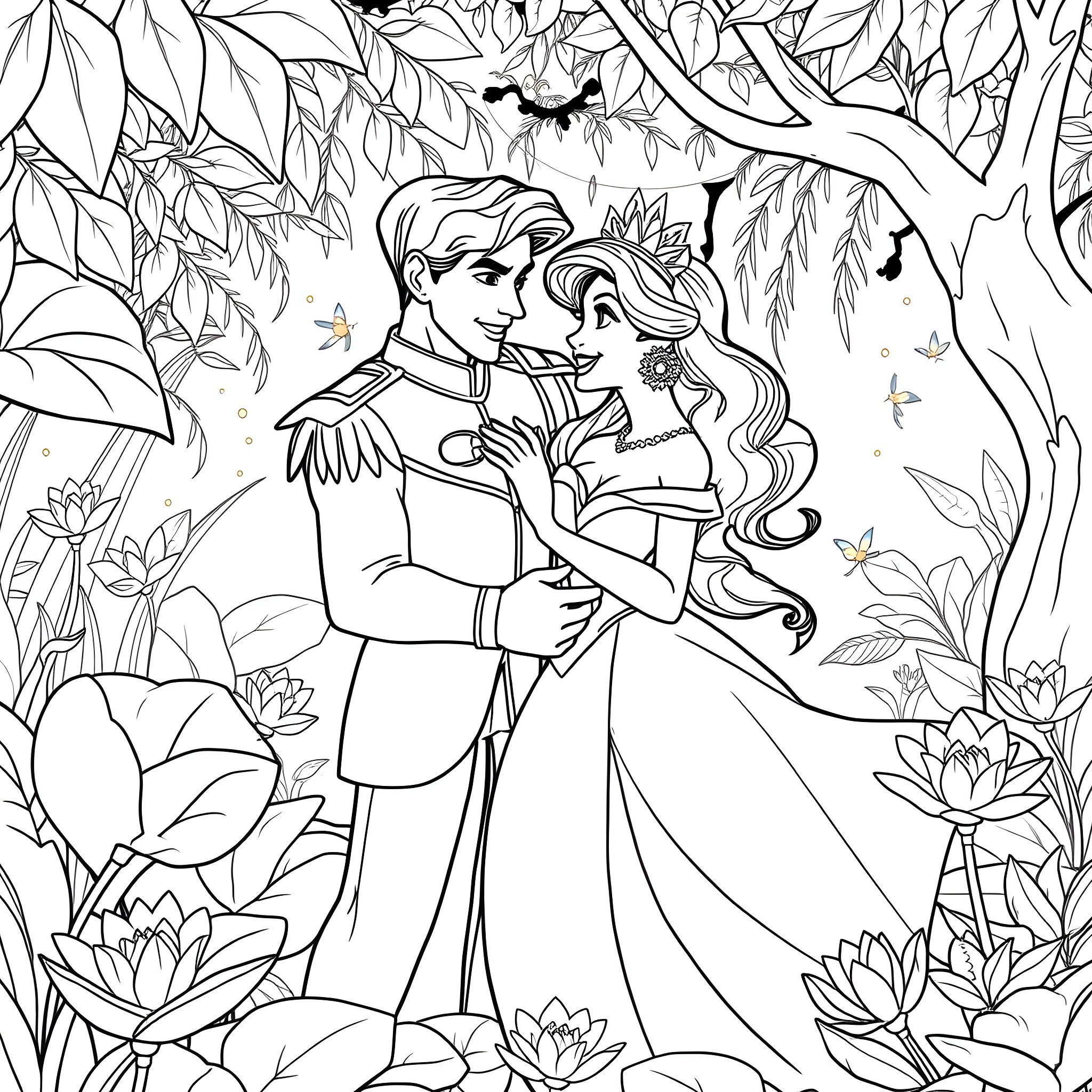 Tiana and her prince in a magical forest setting Coloring Page (free black-and-white line drawing printable PDF for all, from beginners to advanced learners, including children, teens, adults, and seniors)