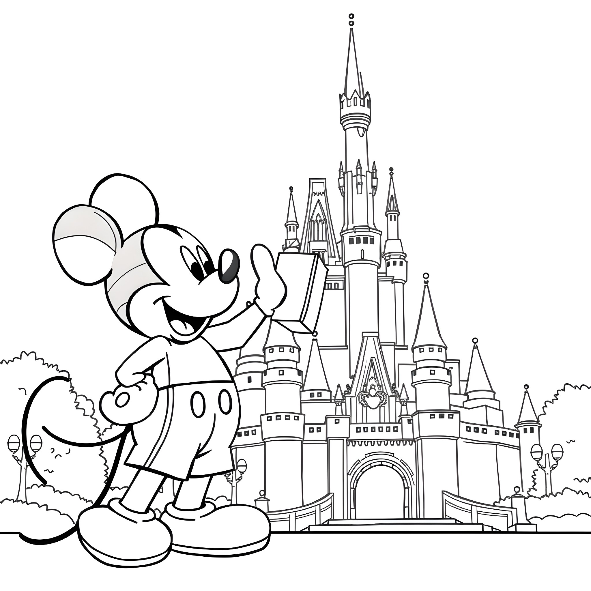Mickey Mouse visiting the Disney castle Coloring Page (free black-and-white line drawing printable PDF for all, from beginners to advanced learners, including children, teens, adults, and seniors)
