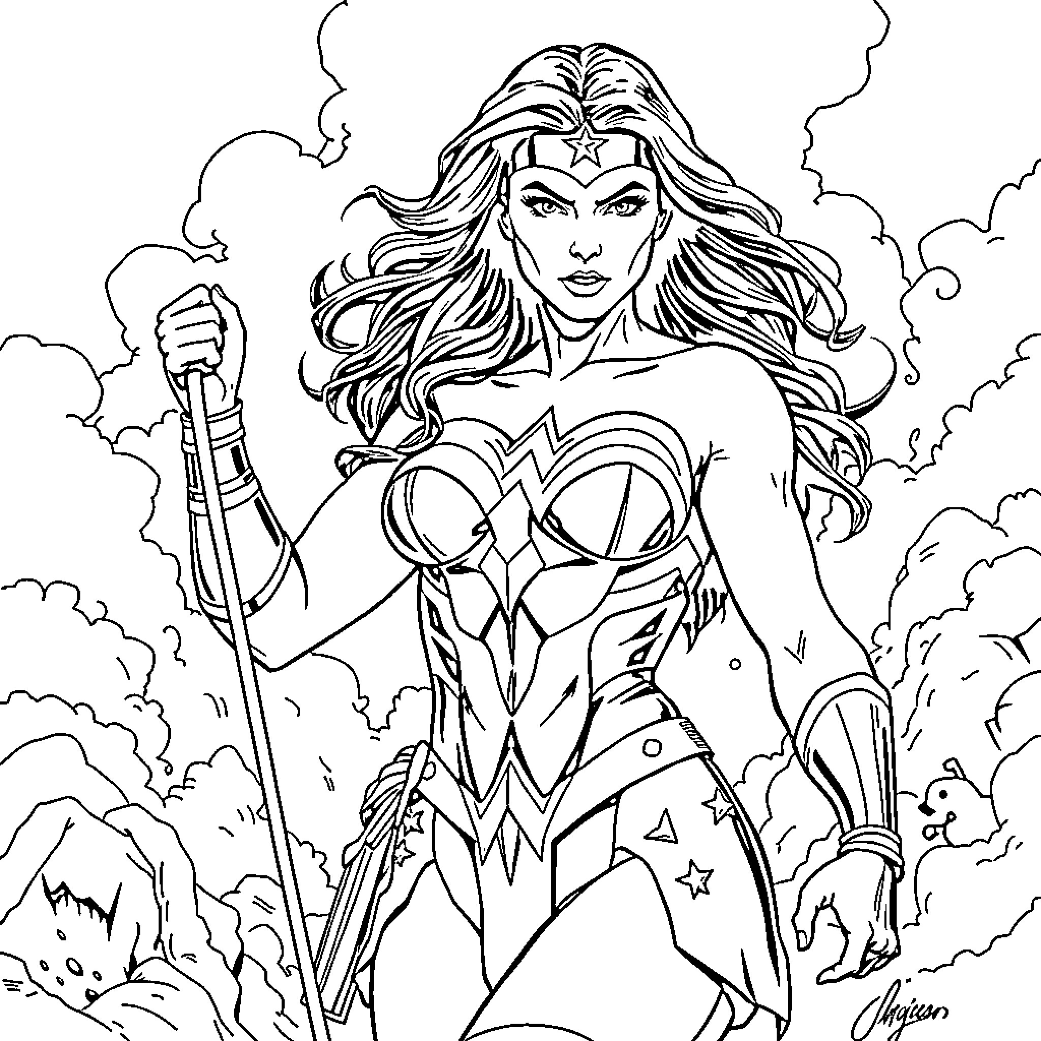 Wonder Woman standing tall in her iconic outfit Coloring Page (free black-and-white line drawing printable PDF for all, from beginners to advanced learners, including children, teens, adults, and seniors)
