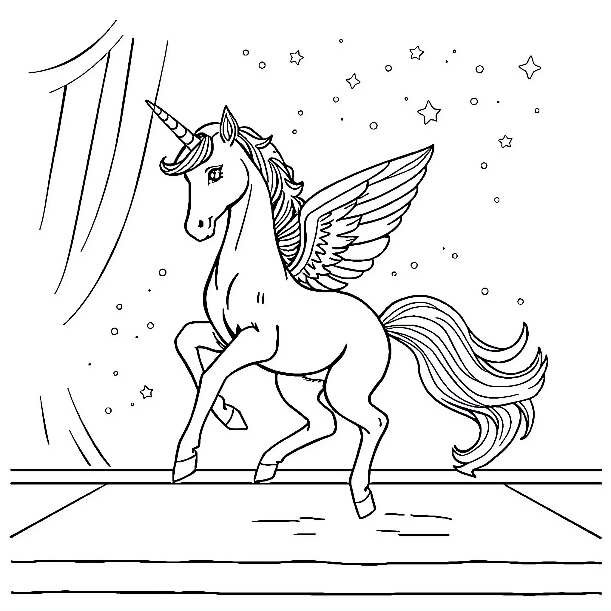 Unicorn with wings standing on starry night Coloring Page (free black-and-white line drawing printable PDF for all, from beginners to advanced learners, including children, teens, adults, and seniors)