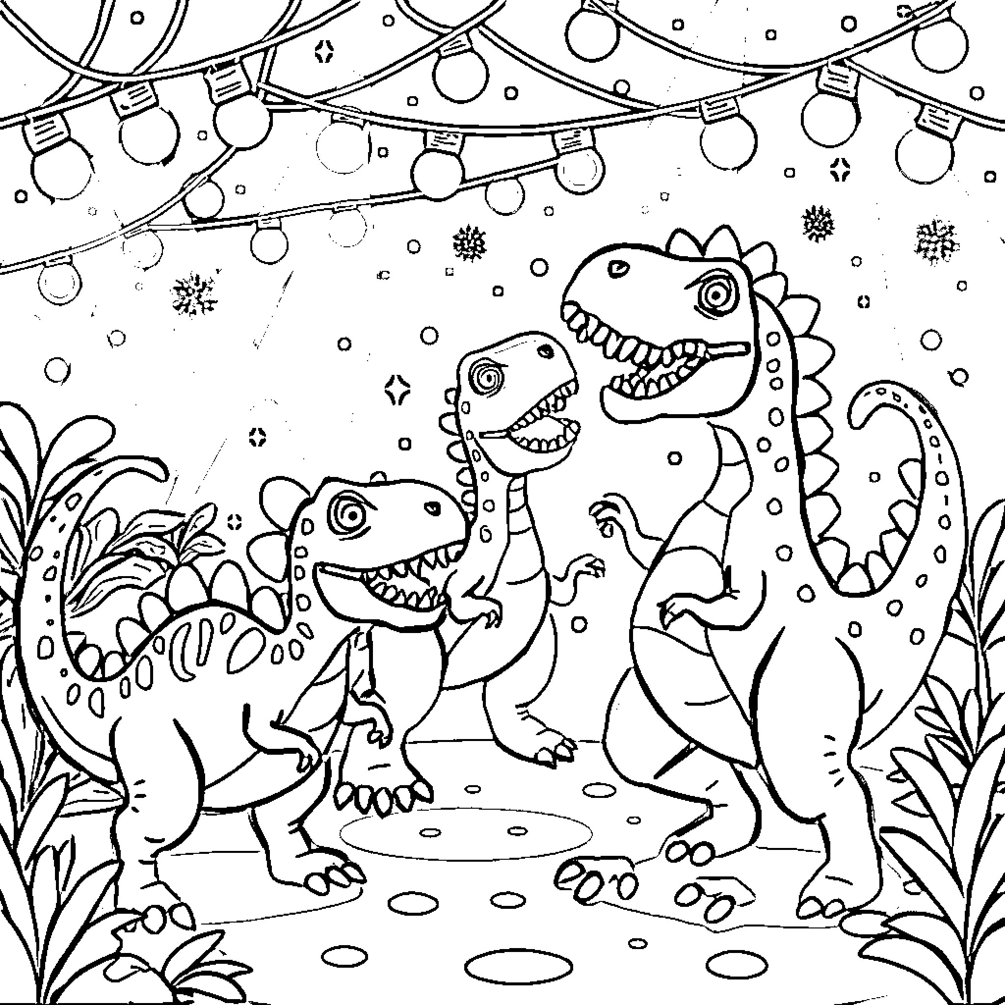Dinosaur friends playing in a festive landscape Coloring Page (free black-and-white line drawing printable PDF for all, from beginners to advanced learners, including children, teens, adults, and seniors)