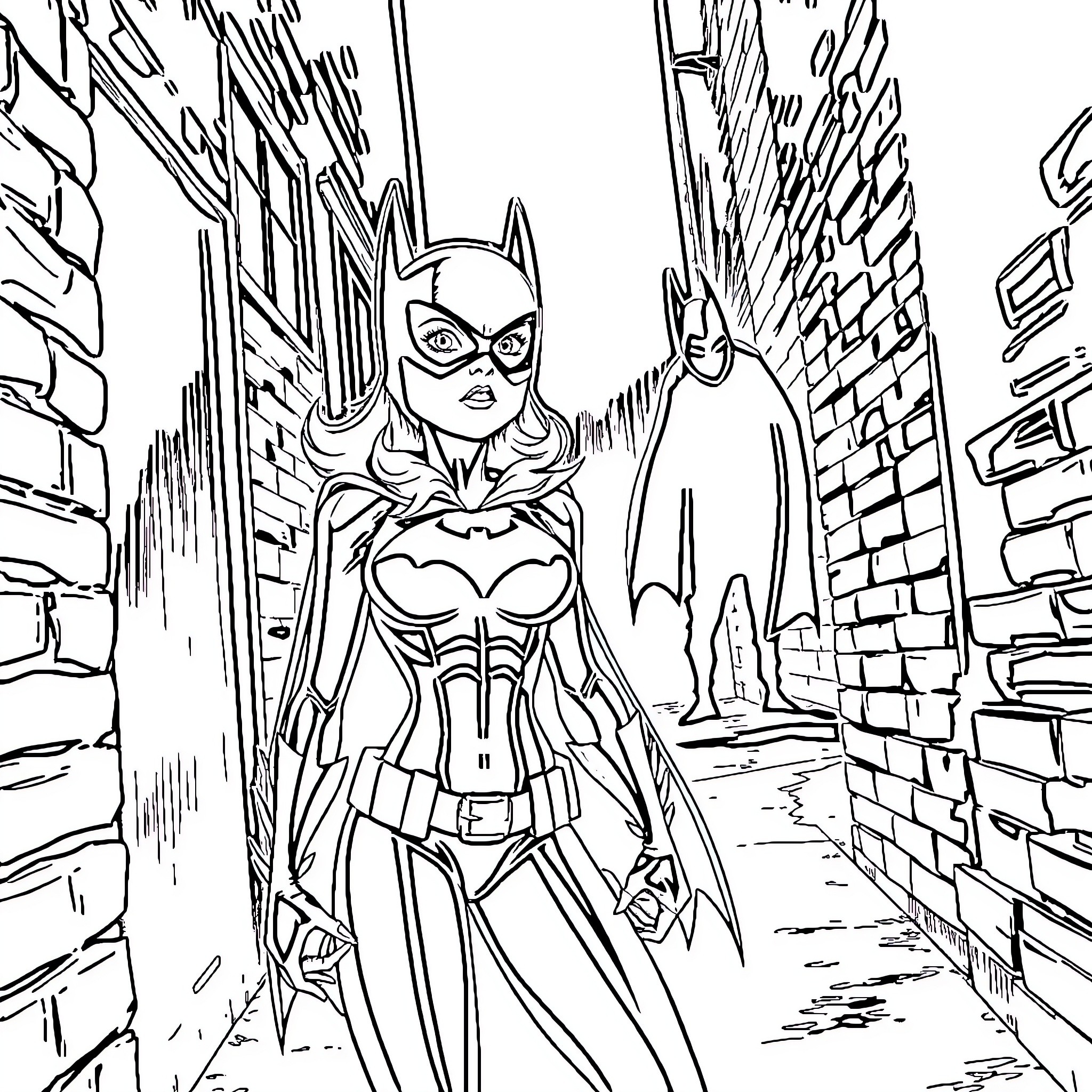 Batgirl's Heroic Patrol in the City Coloring Page (free black-and-white line drawing printable PDF for all, from beginners to advanced learners, including children, teens, adults, and seniors)