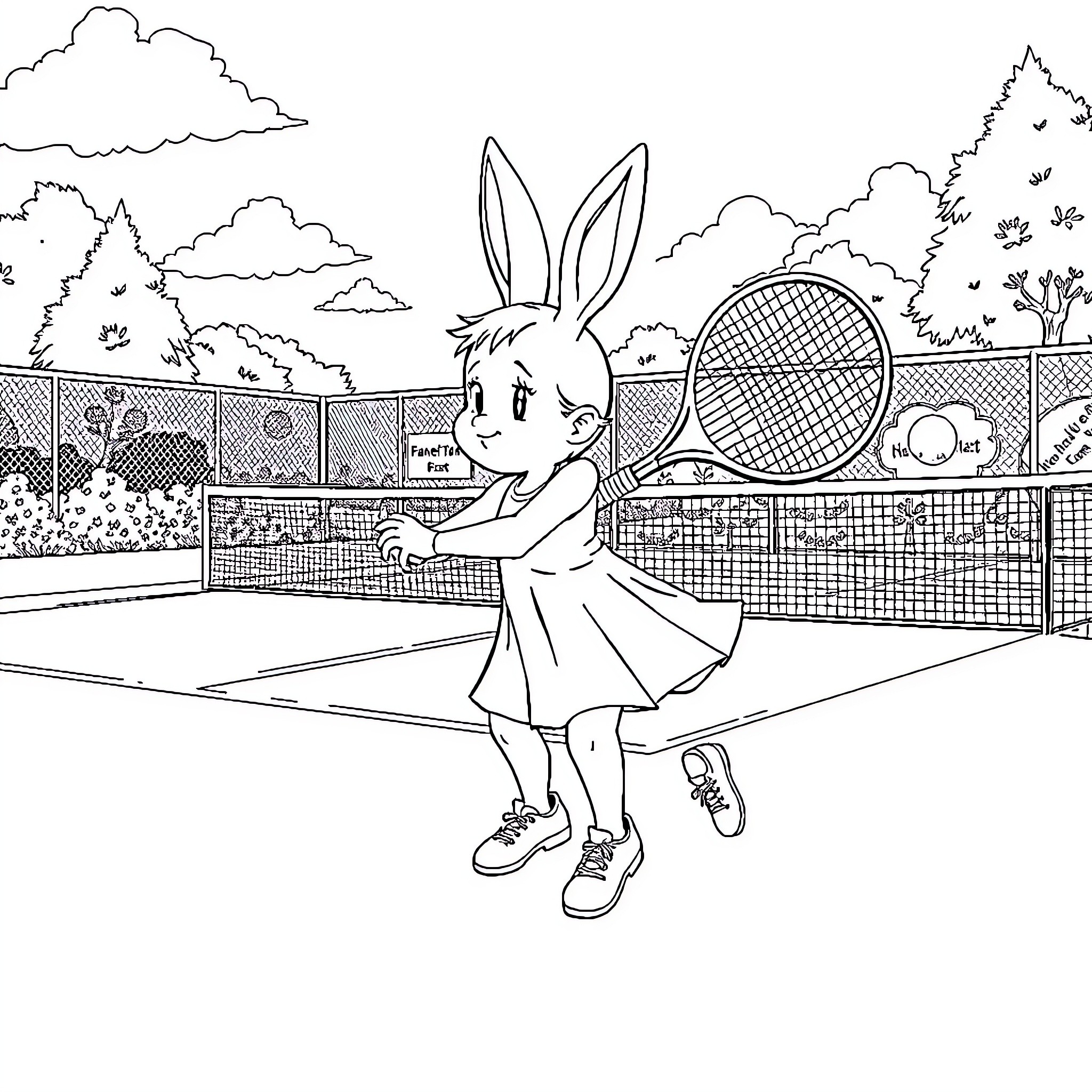 Cinderella playing tennis on the court Coloring Page (free black-and-white line drawing printable PDF for all, from beginners to advanced learners, including children, teens, adults, and seniors)