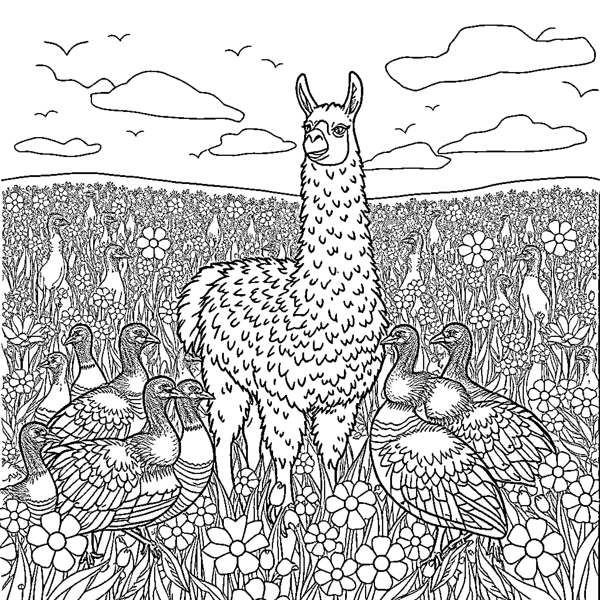 Turkey exploring a floral meadow with birds Coloring Page (free black-and-white line drawing printable PDF for all, from beginners to advanced learners, including children, teens, adults, and seniors)